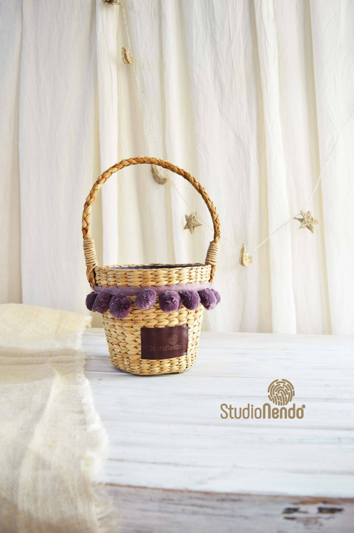 Sea Grass Pom-Pom Basket- Wineberry