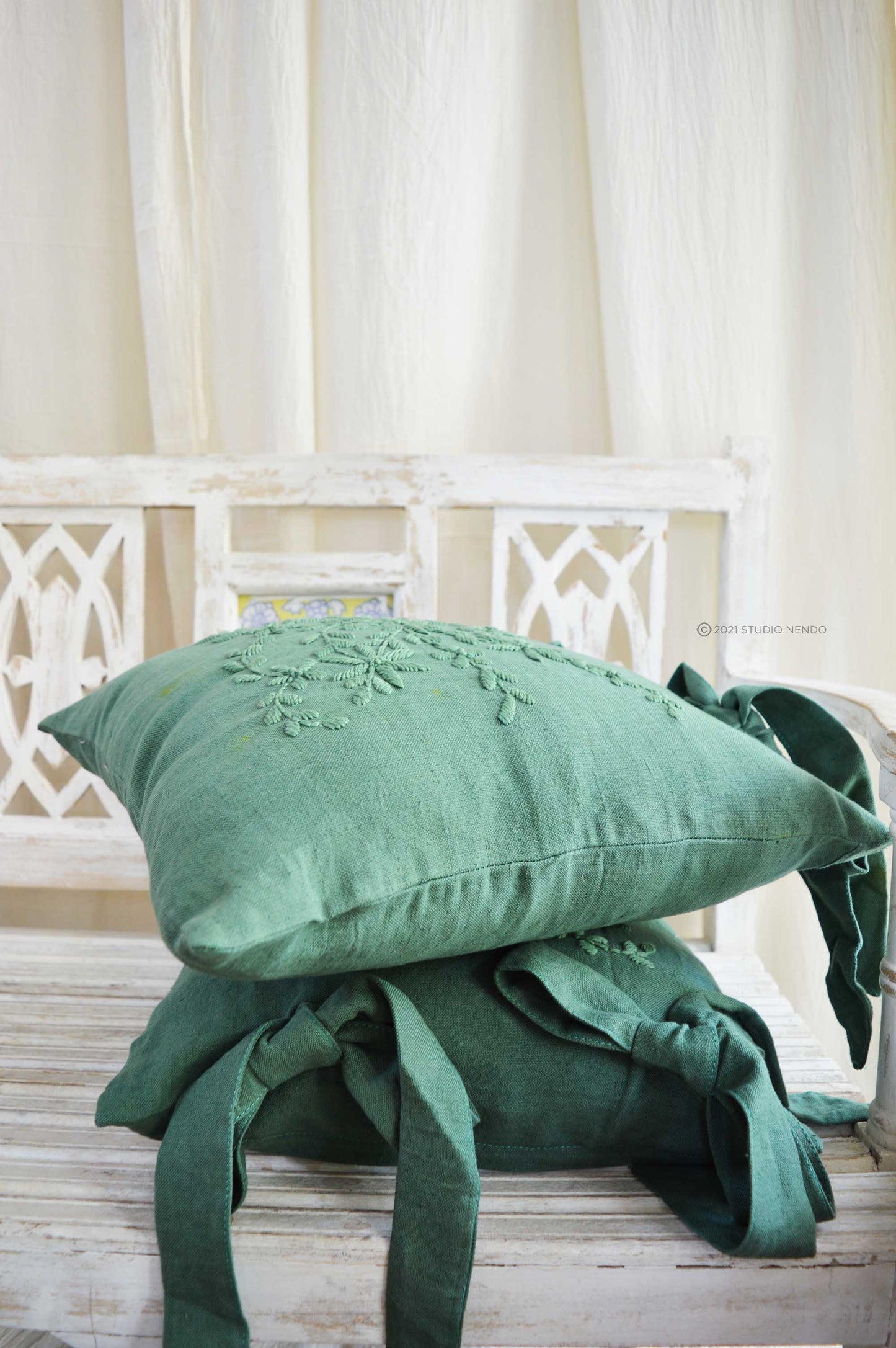 Hand embroidered Linen Cushion Cover- Amazon Green