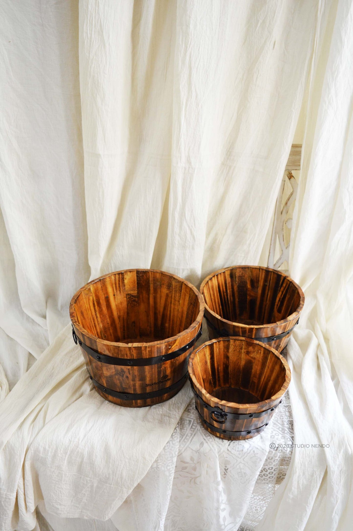 CHARRED WOOD BARREL PLANTER