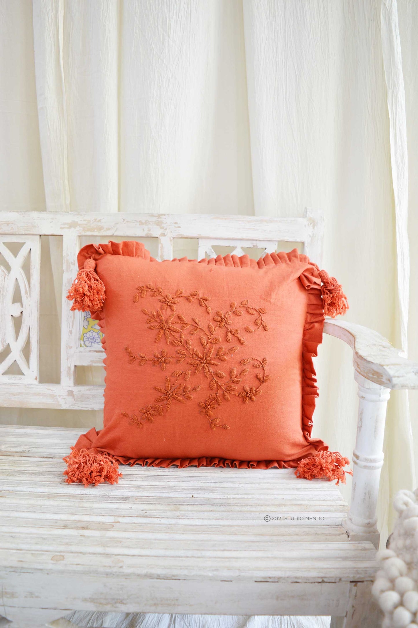 Hand embroidered Linen Cushion Cover- Terracotta Red