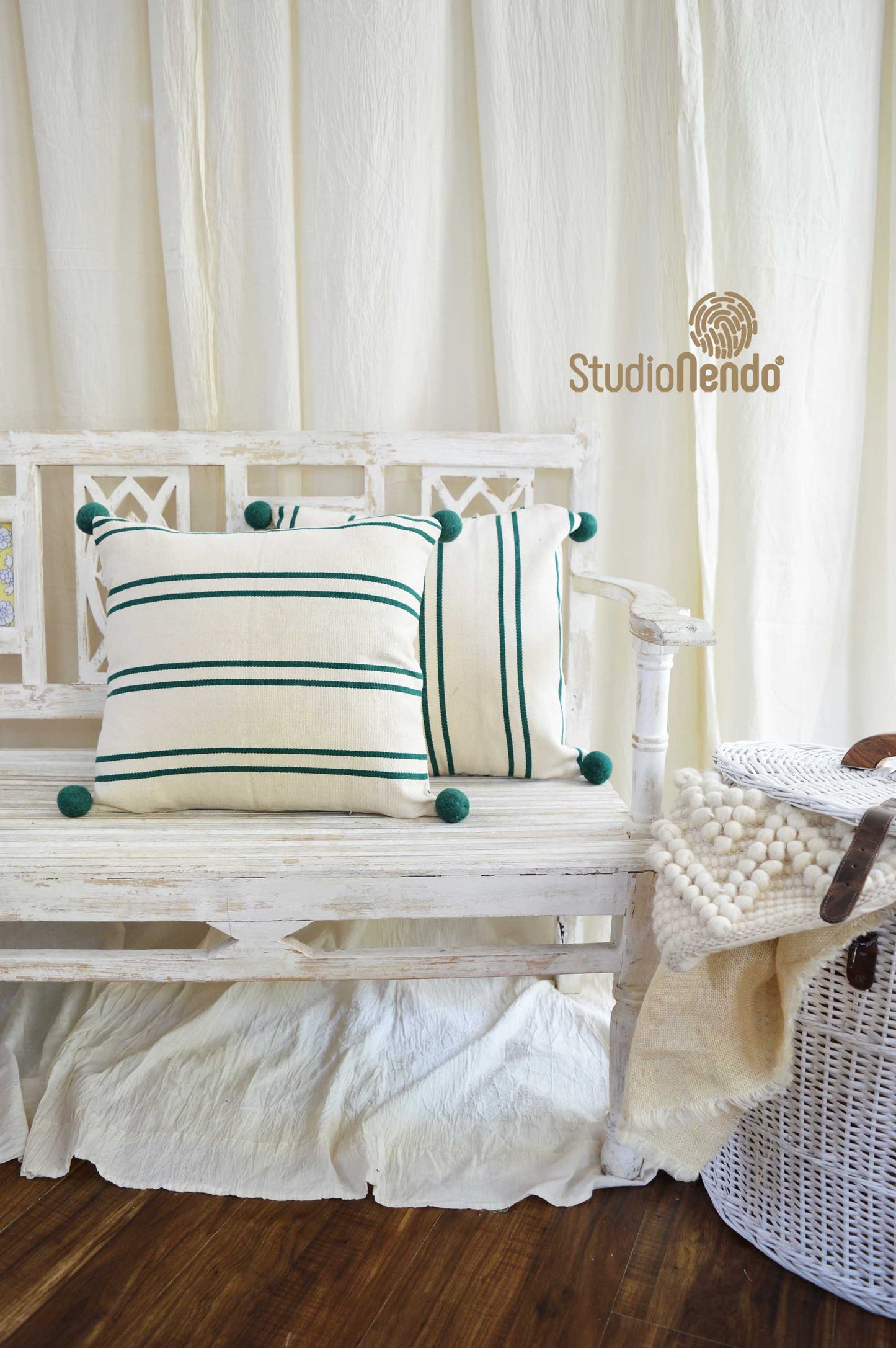 HANDMADE JACQUARD CUSHION COVER- STRIPED AMAZON GREEN
