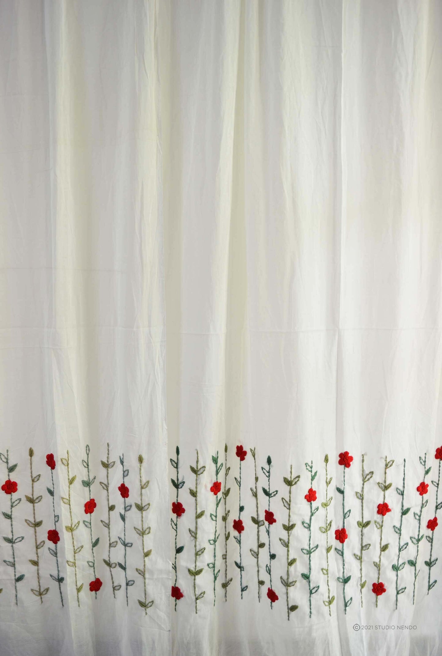 Hand embroidered Mulmul Curtain- Flowering Meadow series- Poppy