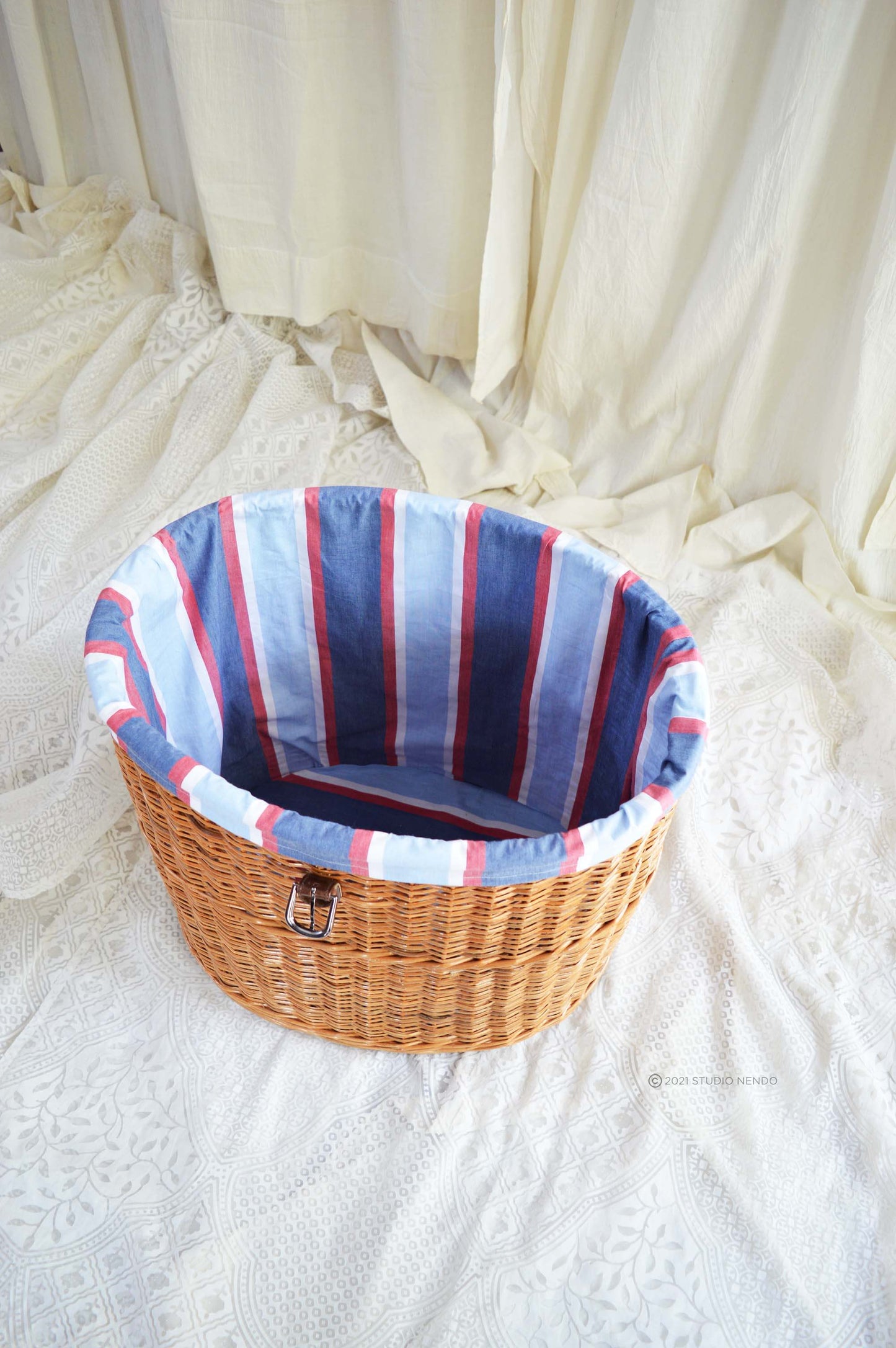 Natural Wicker Oval Laundry Basket- Small- Stripe