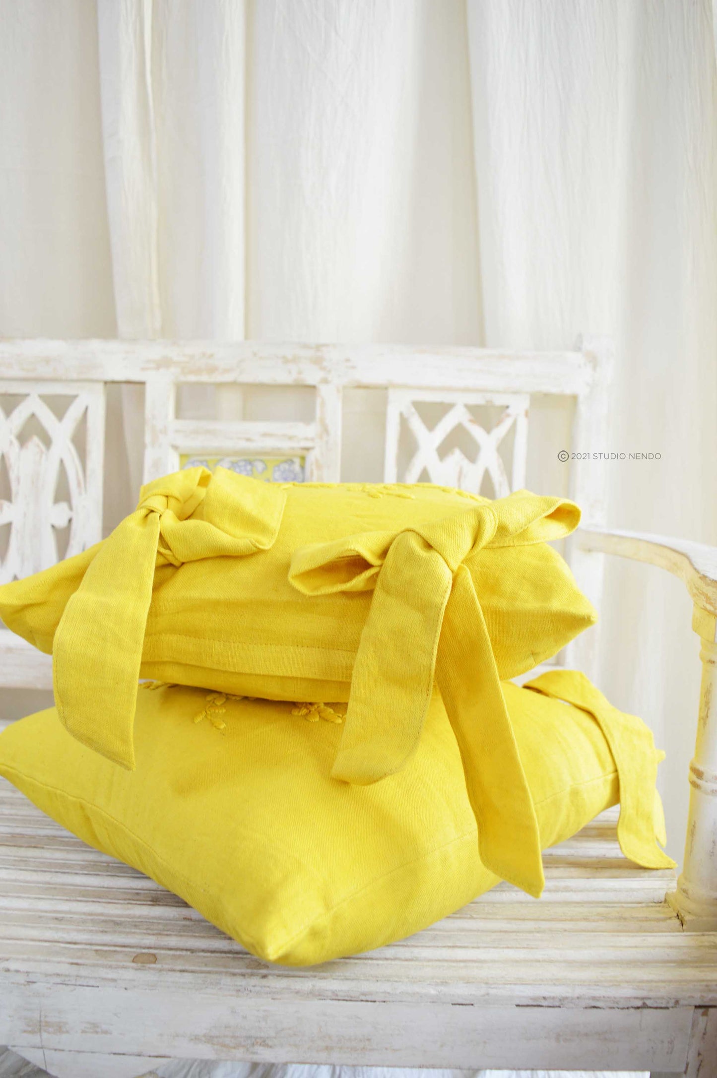 Hand embroidered Linen Cushion Cover- Sunshine Yellow