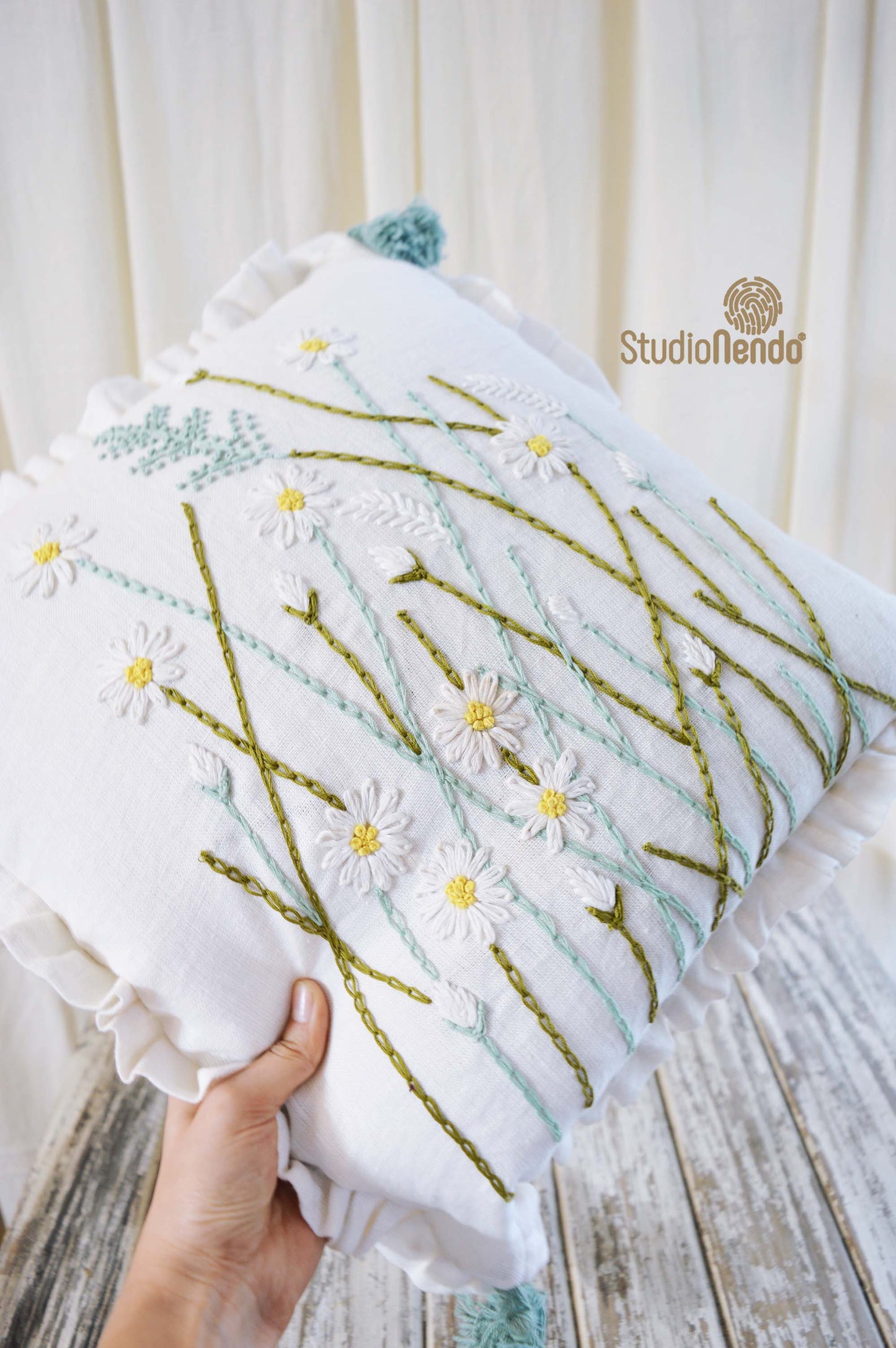 Hand Embroidered Linen Cushion Cover- Flowering Meadow Series- Daisy #3