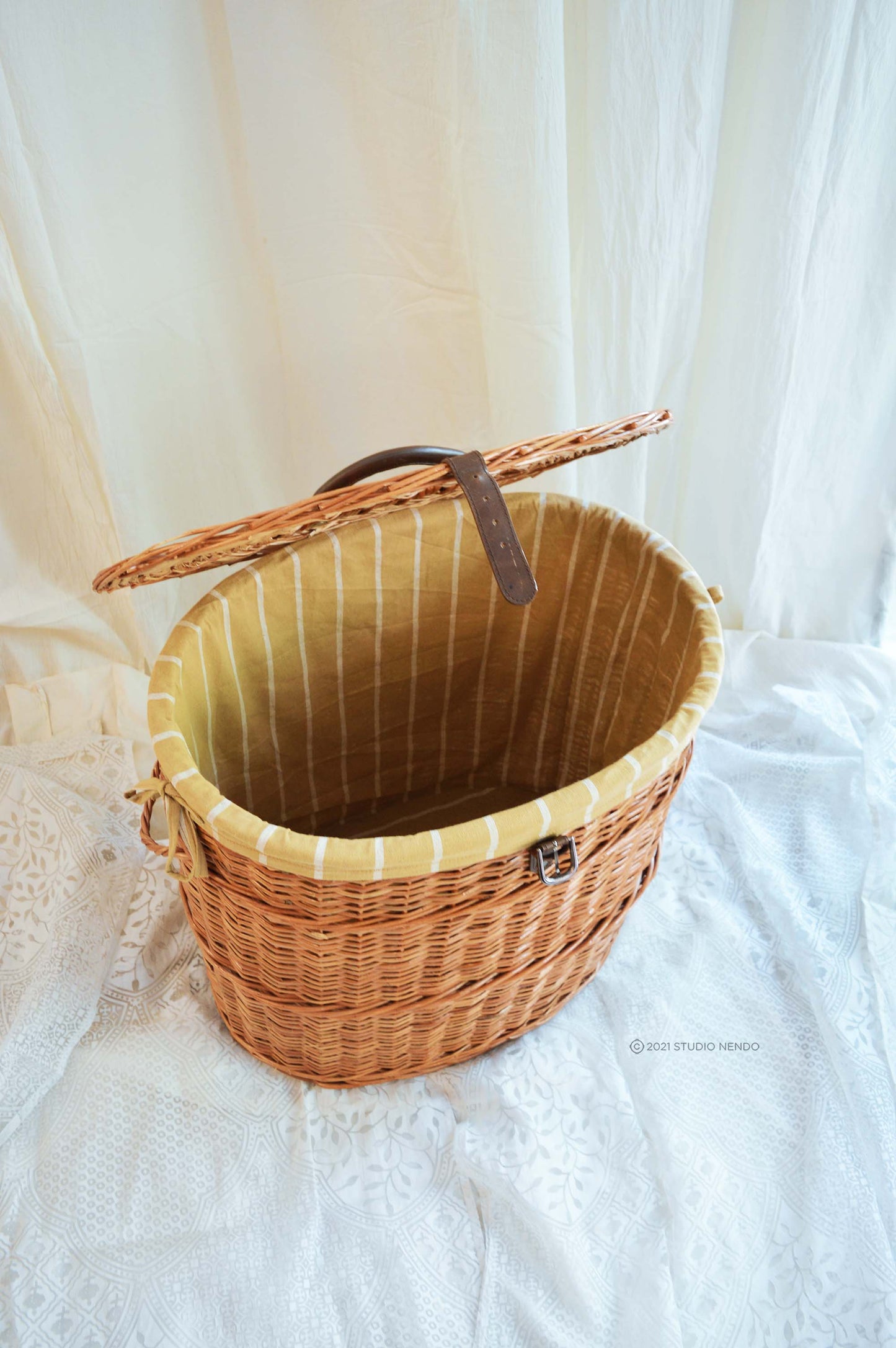 Natural Wicker Oval Laundry Basket- Striped Mustard