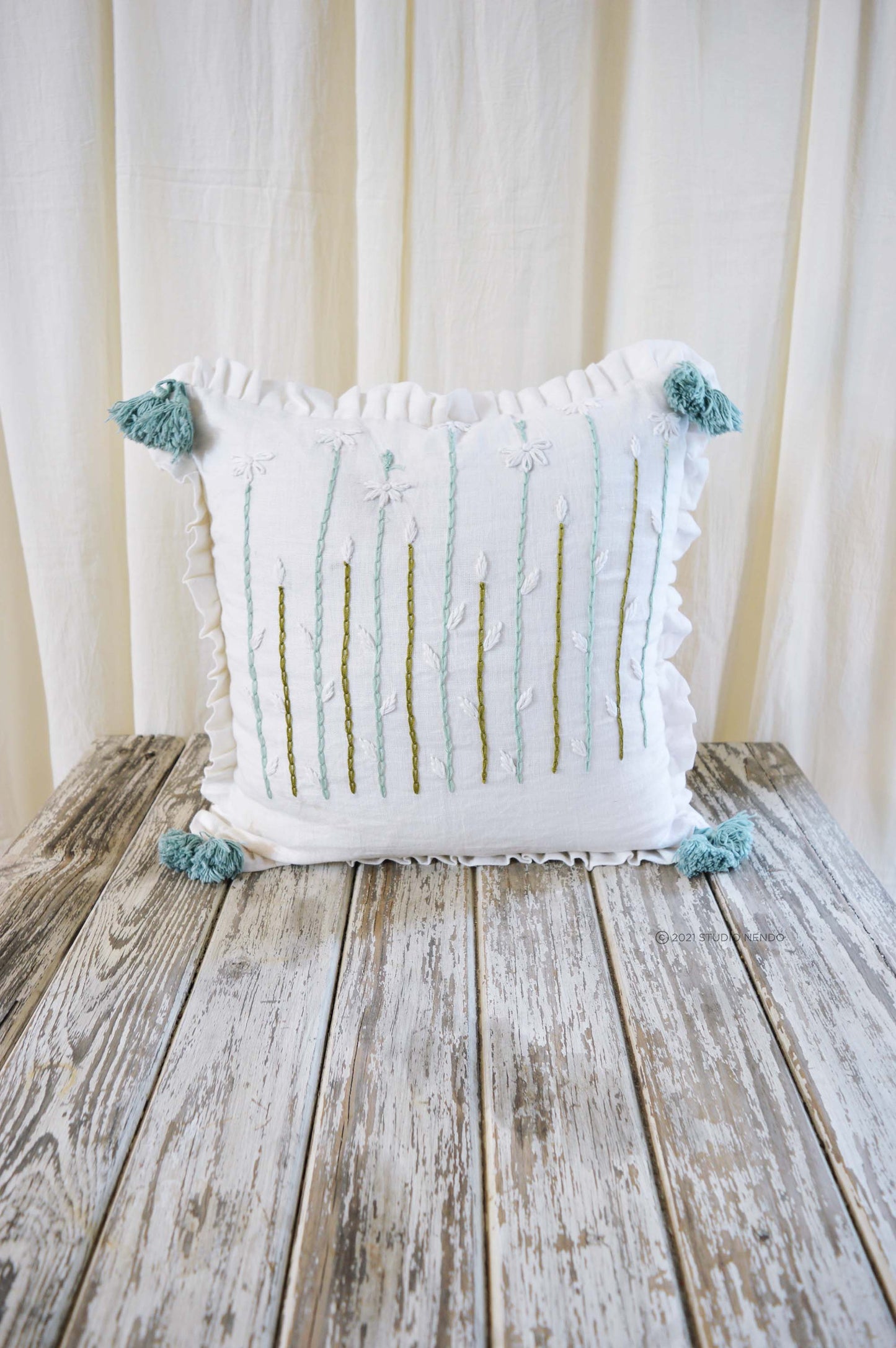 Hand Embroidered Linen Cushion Cover- Flowering Meadow Series- Daisy #4