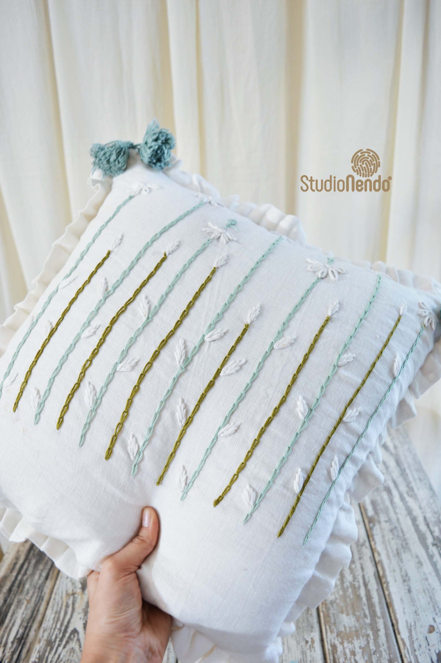 Hand Embroidered Linen Cushion Cover- Flowering Meadow Series- Daisy #4