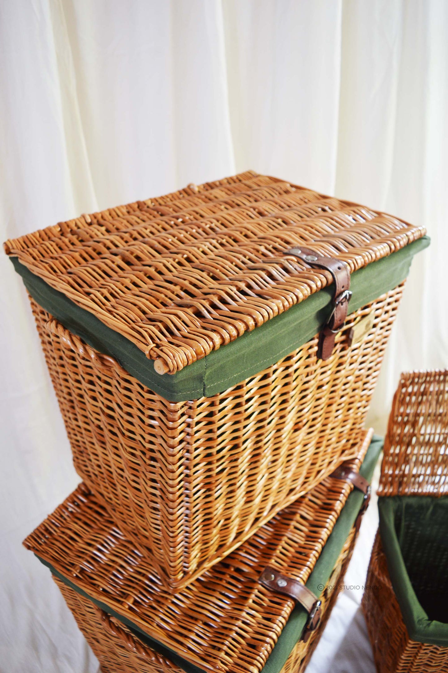 Natural Wicker Rectangular Laundry Basket- Forest Green