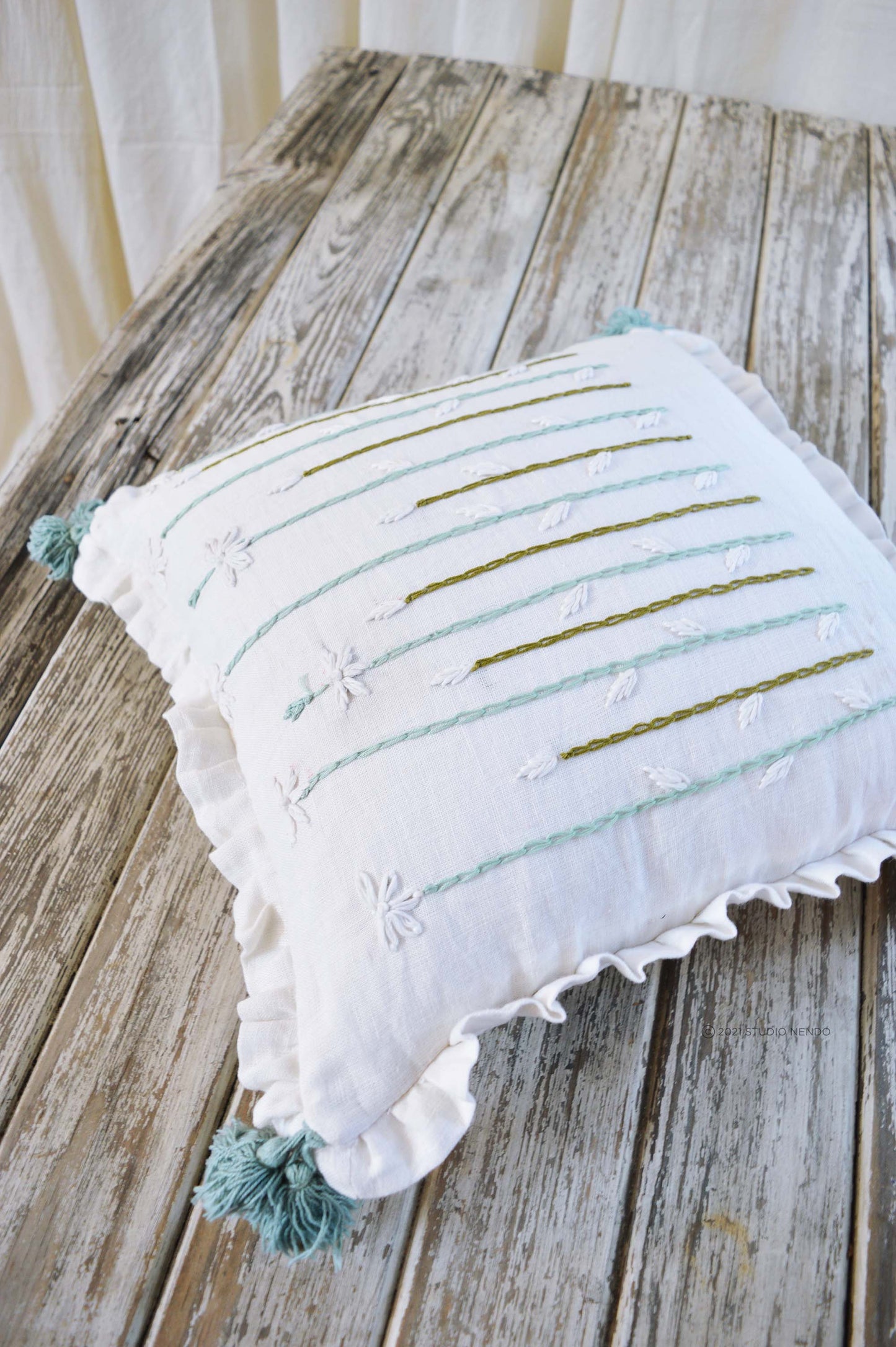 Hand Embroidered Linen Cushion Cover- Flowering Meadow Series- Daisy #4