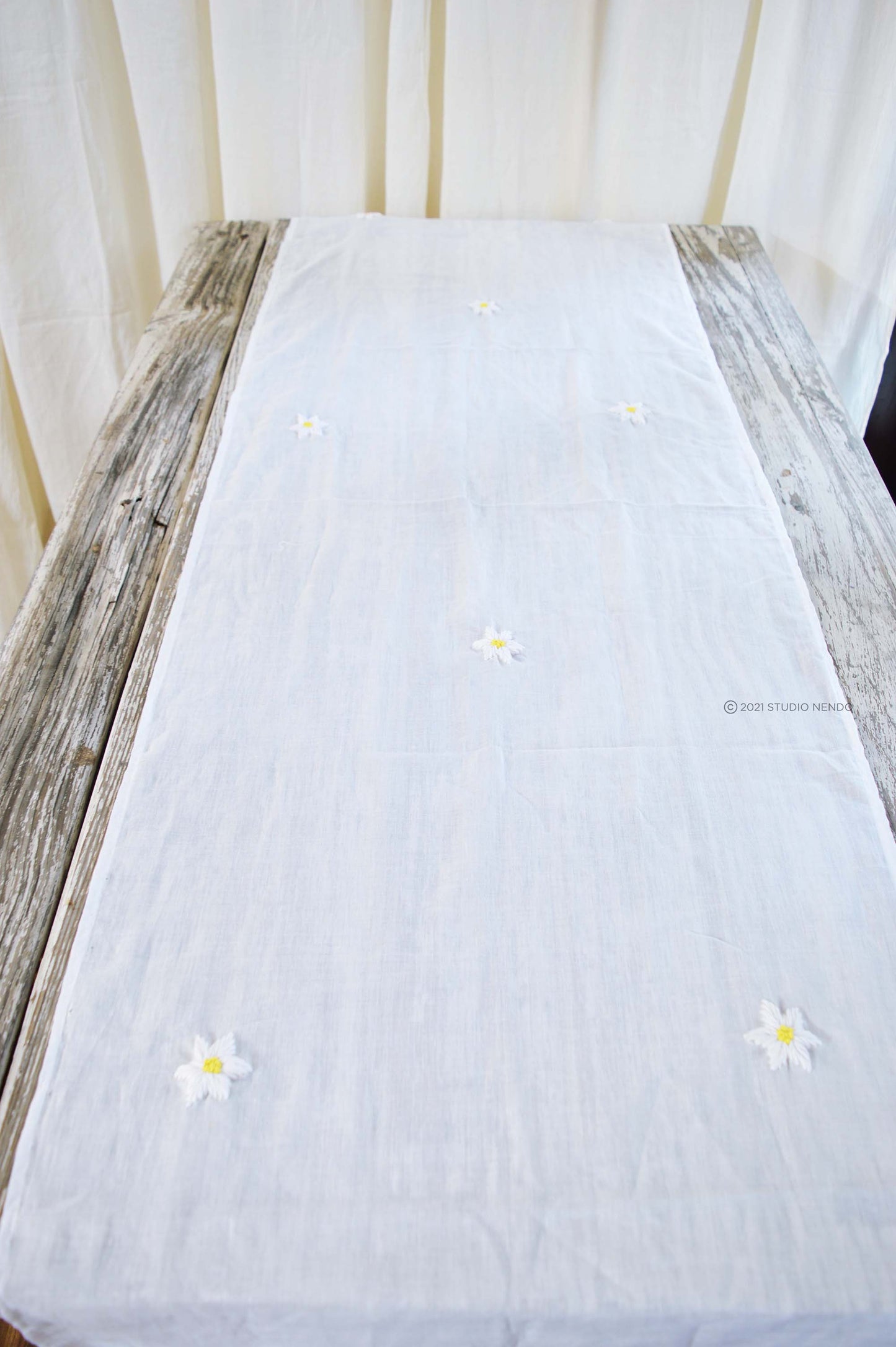 Hand Embroidered Table Runner- White Daisy's