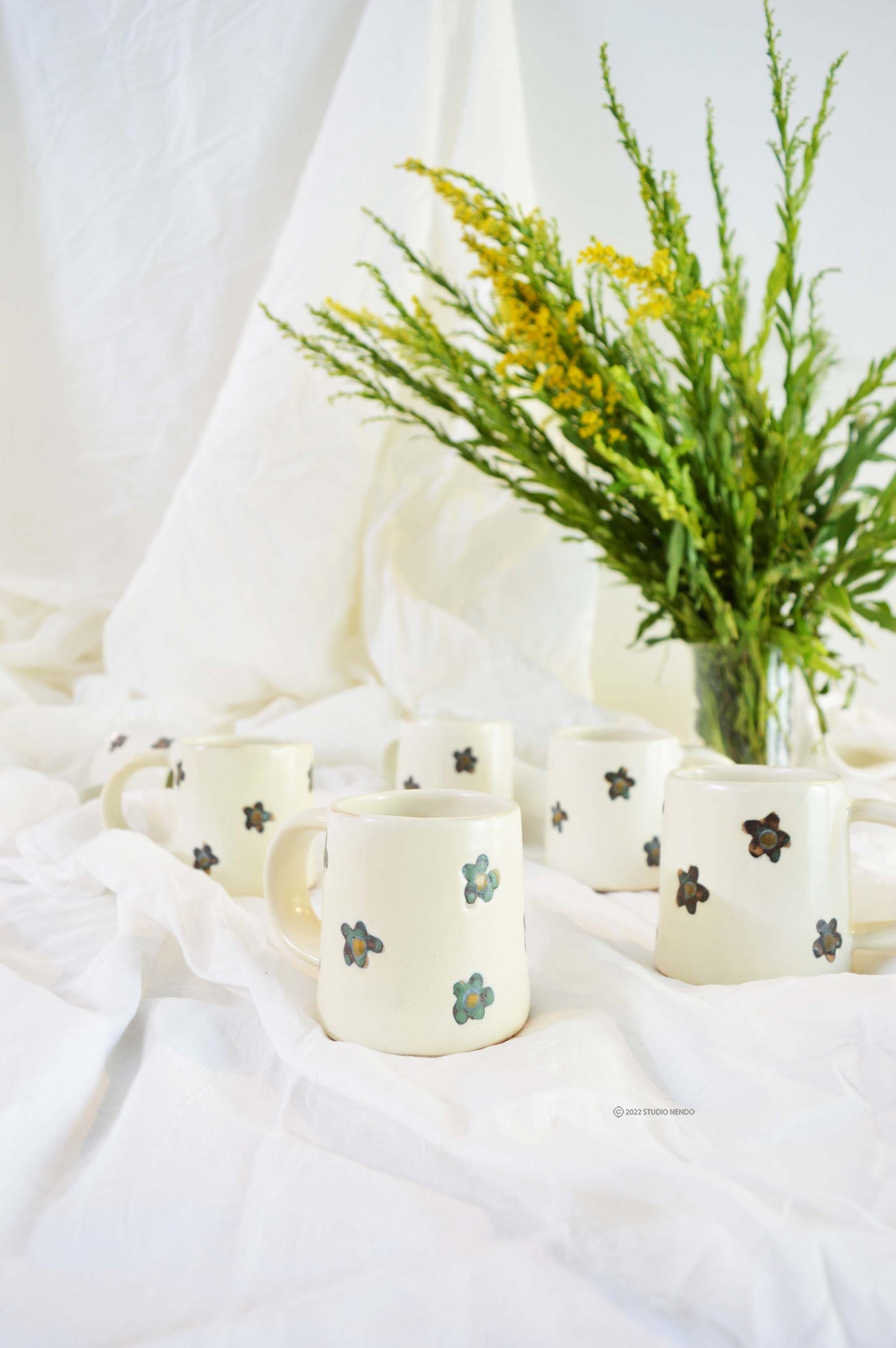 Coffee Mug- Green Flowers on Creamy White