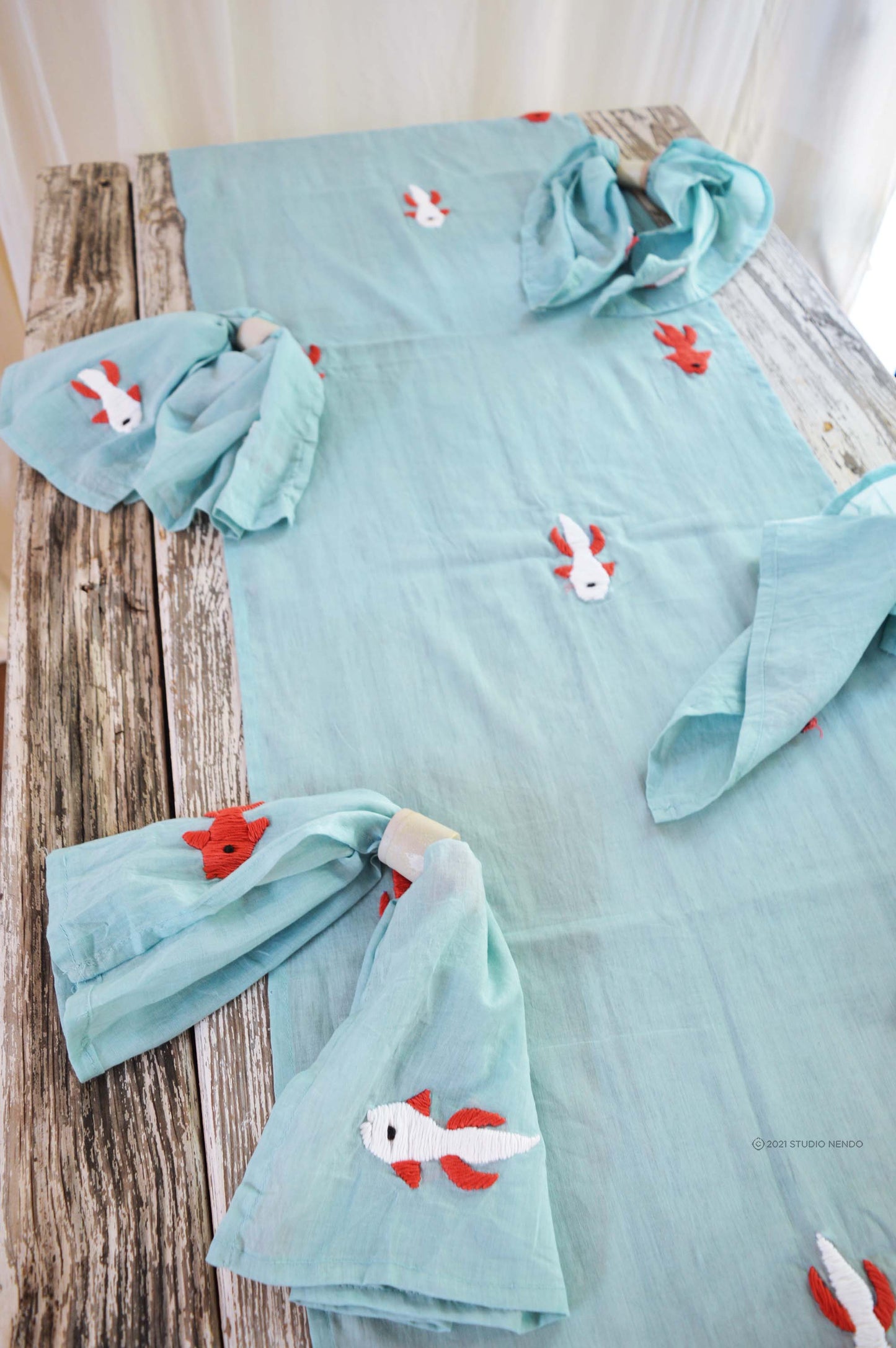 Hand Embroidered Table Runner & Napkin Set- Just Keep Swimmin'