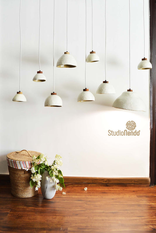 Faux Ceramic- Paper Mache Pendant Lamp- Ivory & Gold