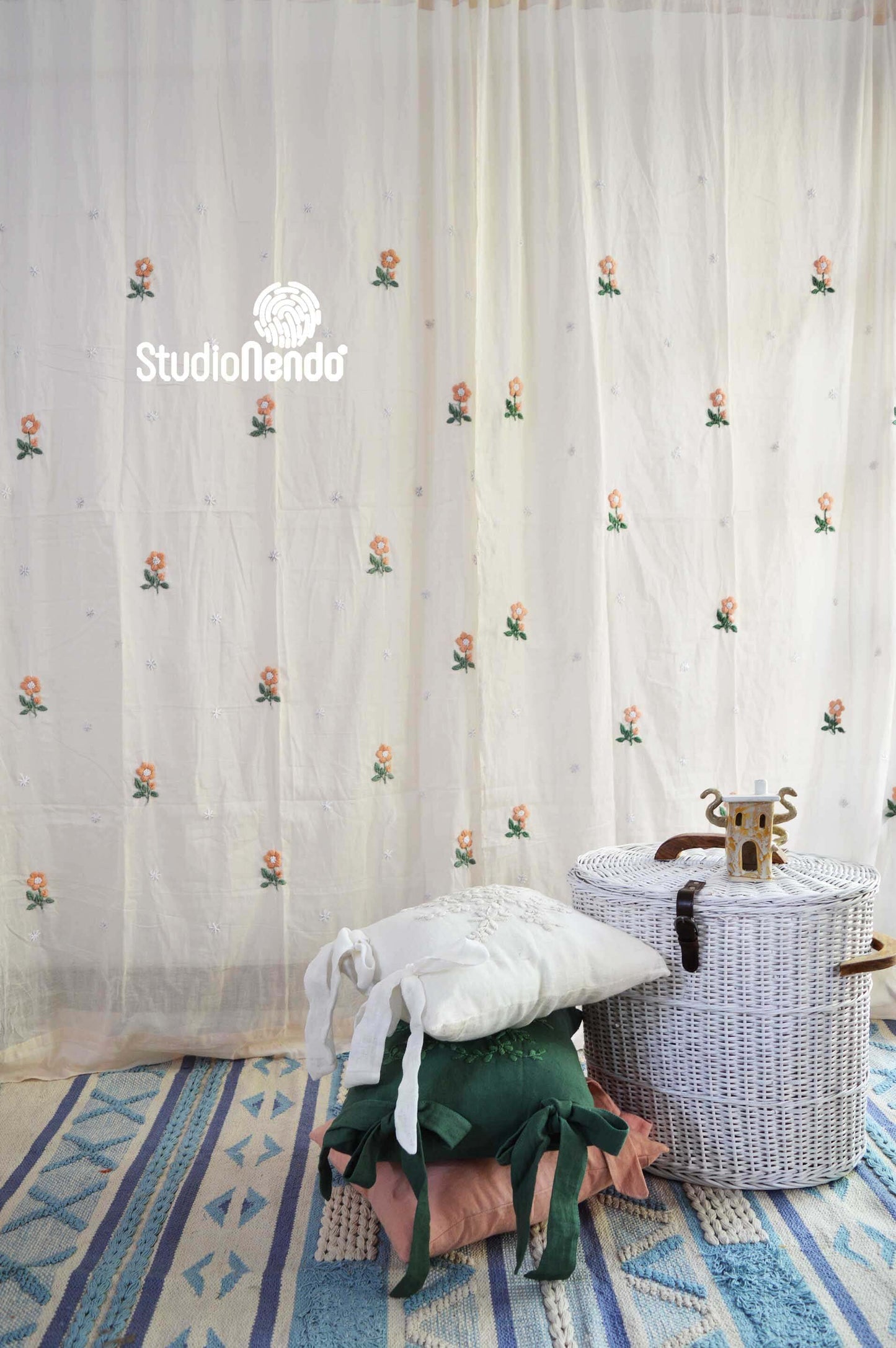 Hand Embroidered Mulmul curtain- Flowering Meadow Series- Aboli (Peach)