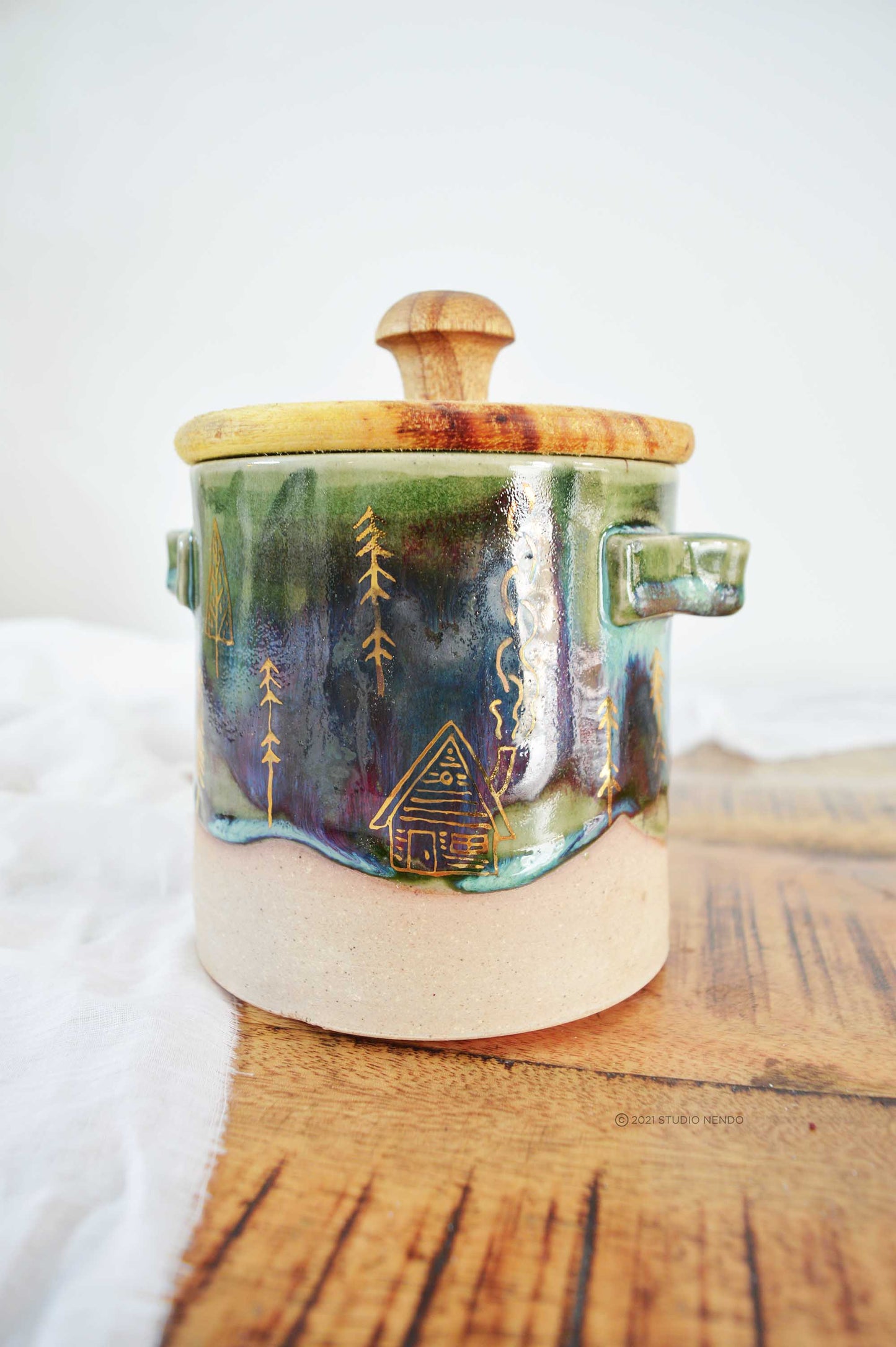 Cabin In the Woods- Storage Jar (Gold Work)