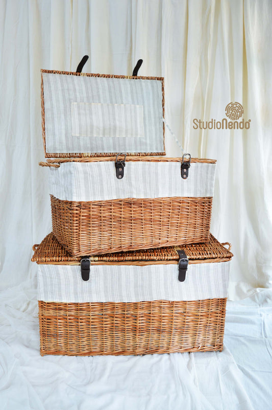 Natural Wicker Storage Trunk- Striped Linen