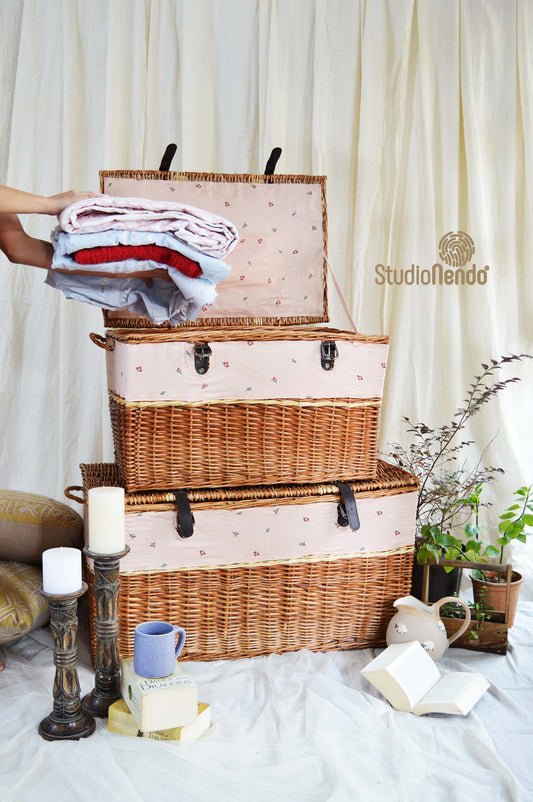 Natural Wicker Storage Trunk- Pink Blossom