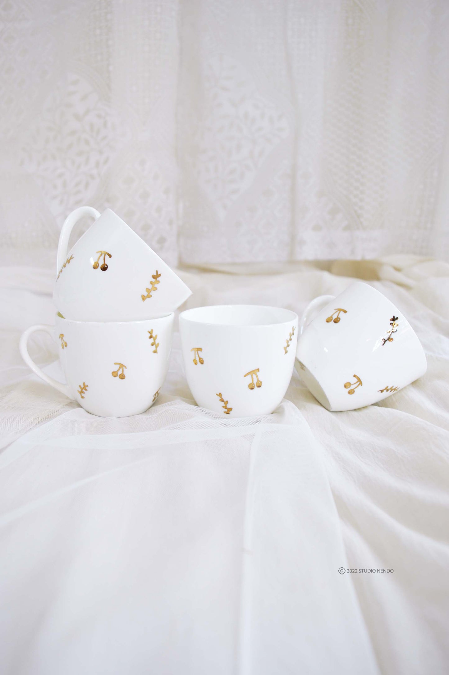 Hand Painted Series- Teacups (Set of 4)- Gilded Holly