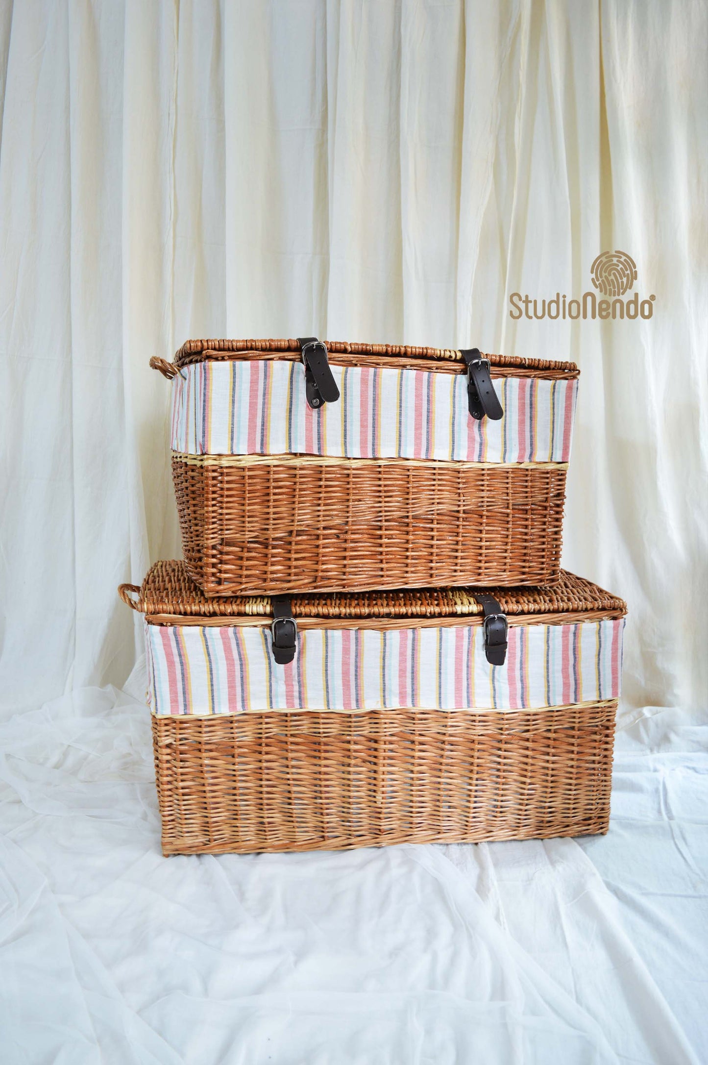 Natural Wicker Storage Trunk- Striped Pastel Linen