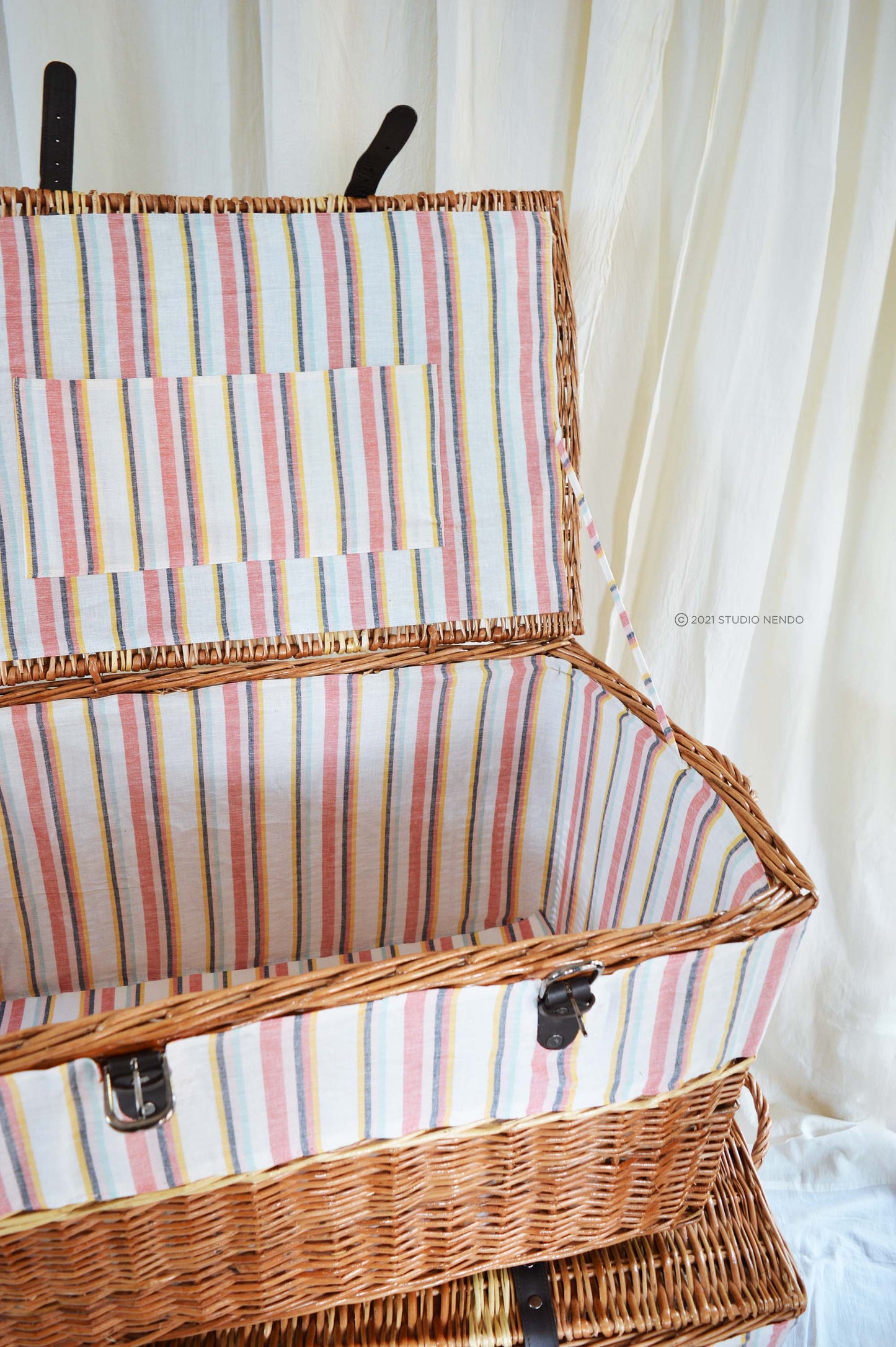 Natural Wicker Storage Trunk- Striped Pastel Linen