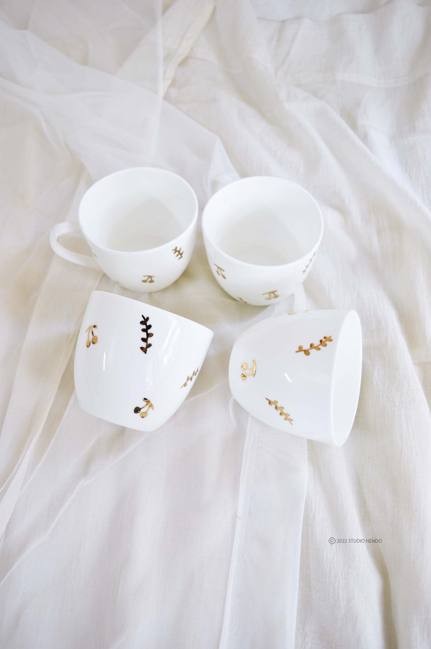 Hand Painted Series- Teacups (Set of 4)- Gilded Holly