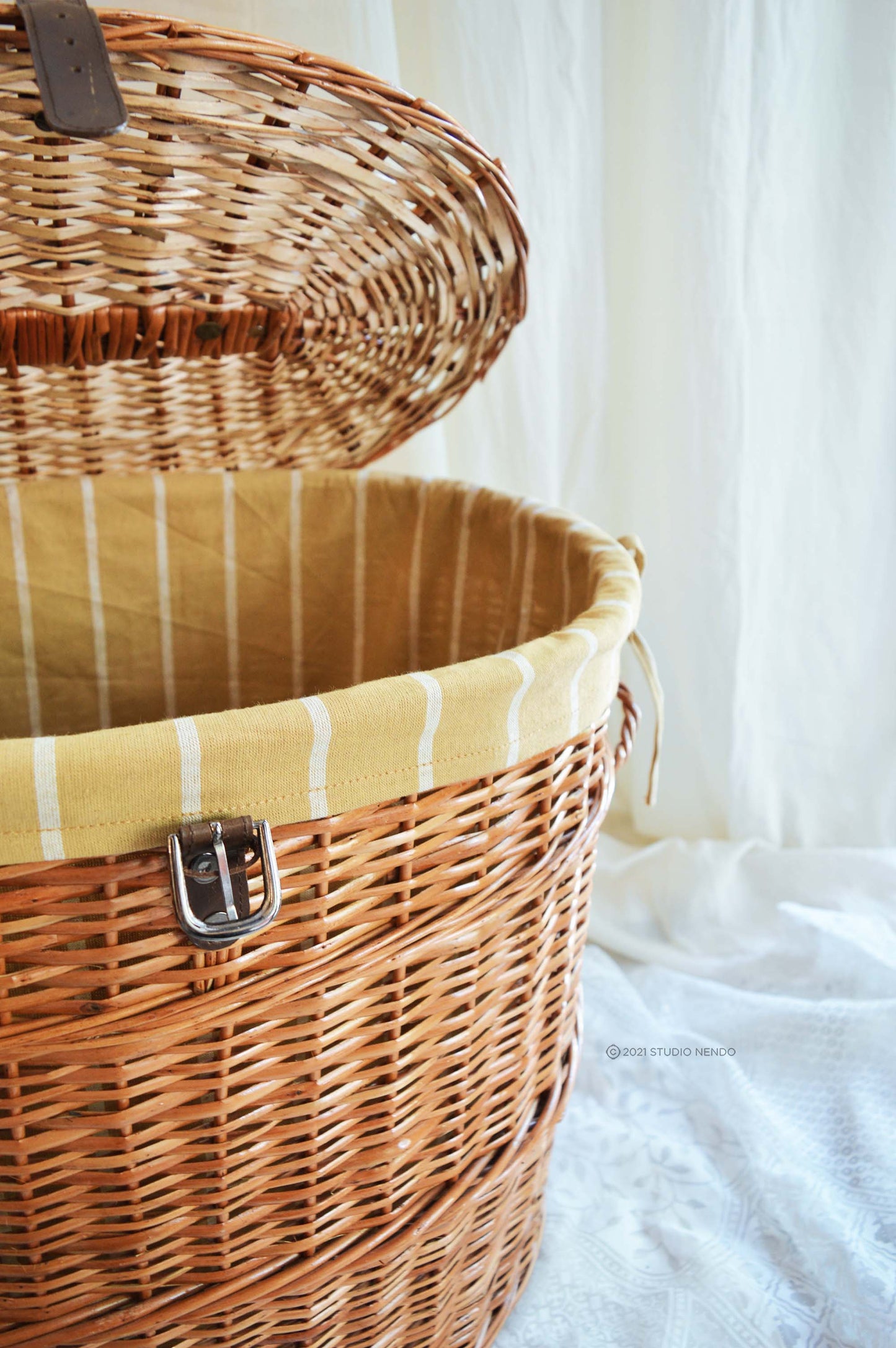 Natural Wicker Oval Laundry Basket- Striped Mustard
