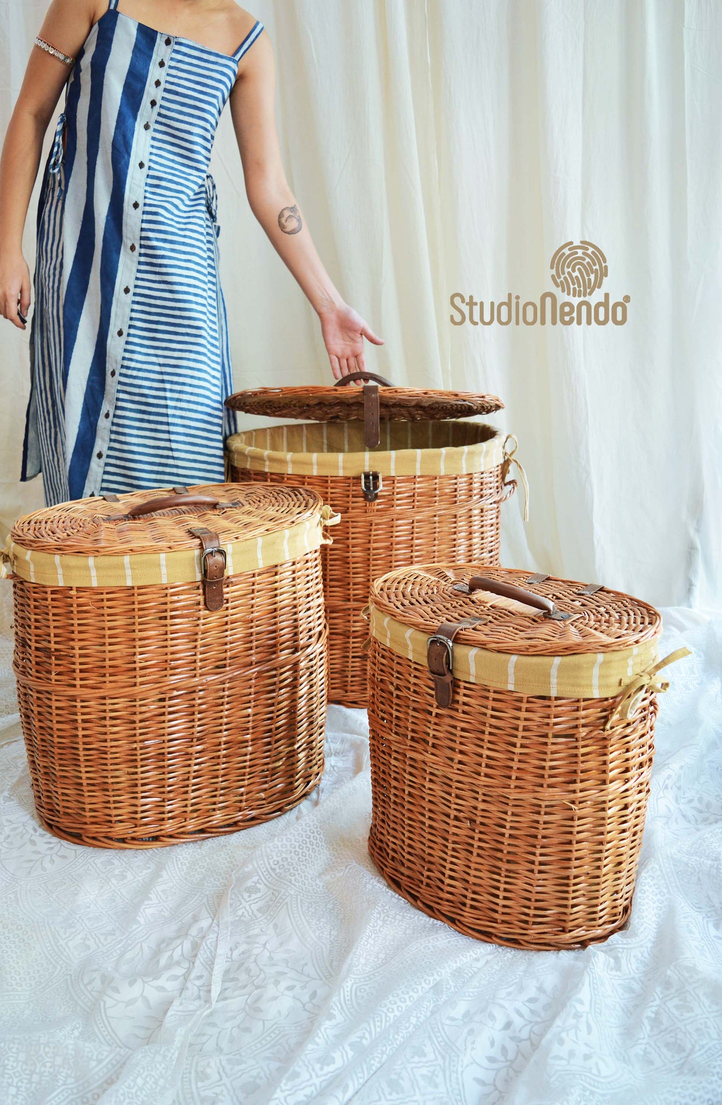 Natural Wicker Oval Laundry Basket- Striped Mustard
