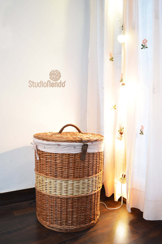 Natural Wicker Laundry Basket- Pink Bloom