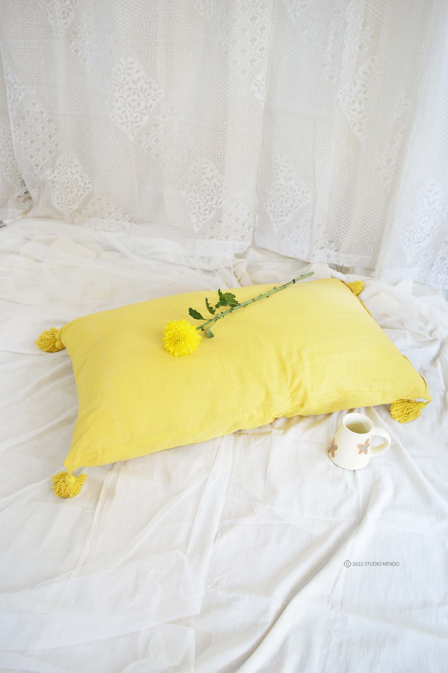 Linen Lumbar Pillow with Tassles- Sunshine Yellow