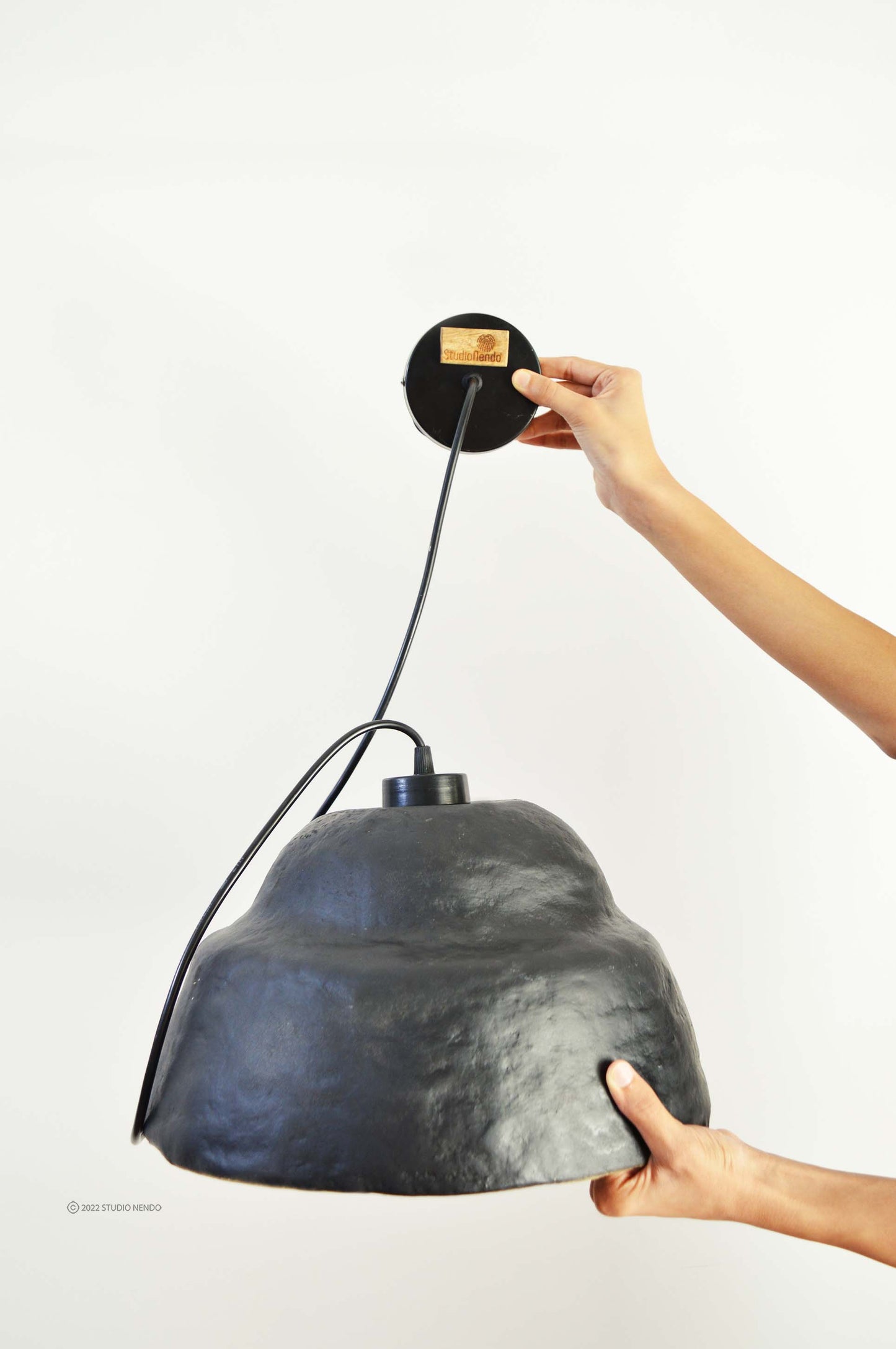Faux Ceramic- Paper Mache Pendant Lamp- Charcoal & Gold