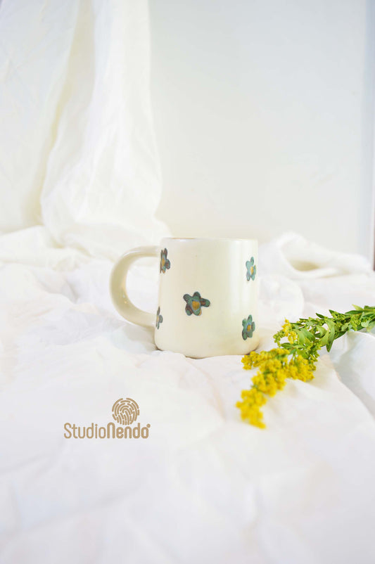 Coffee Mug- Green Flowers on Creamy White
