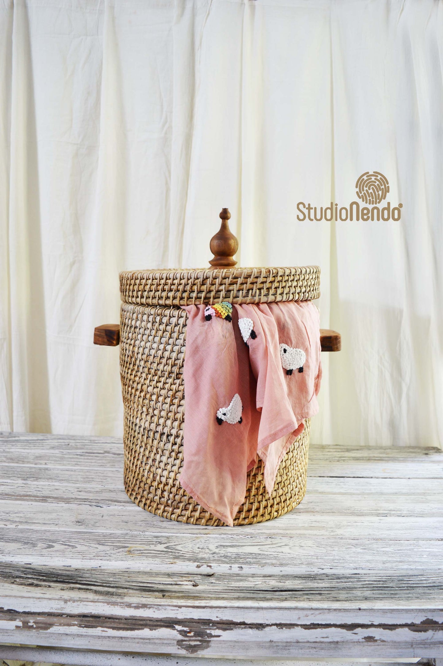 Cane Decorative Laundry Basket with Wooden Knob