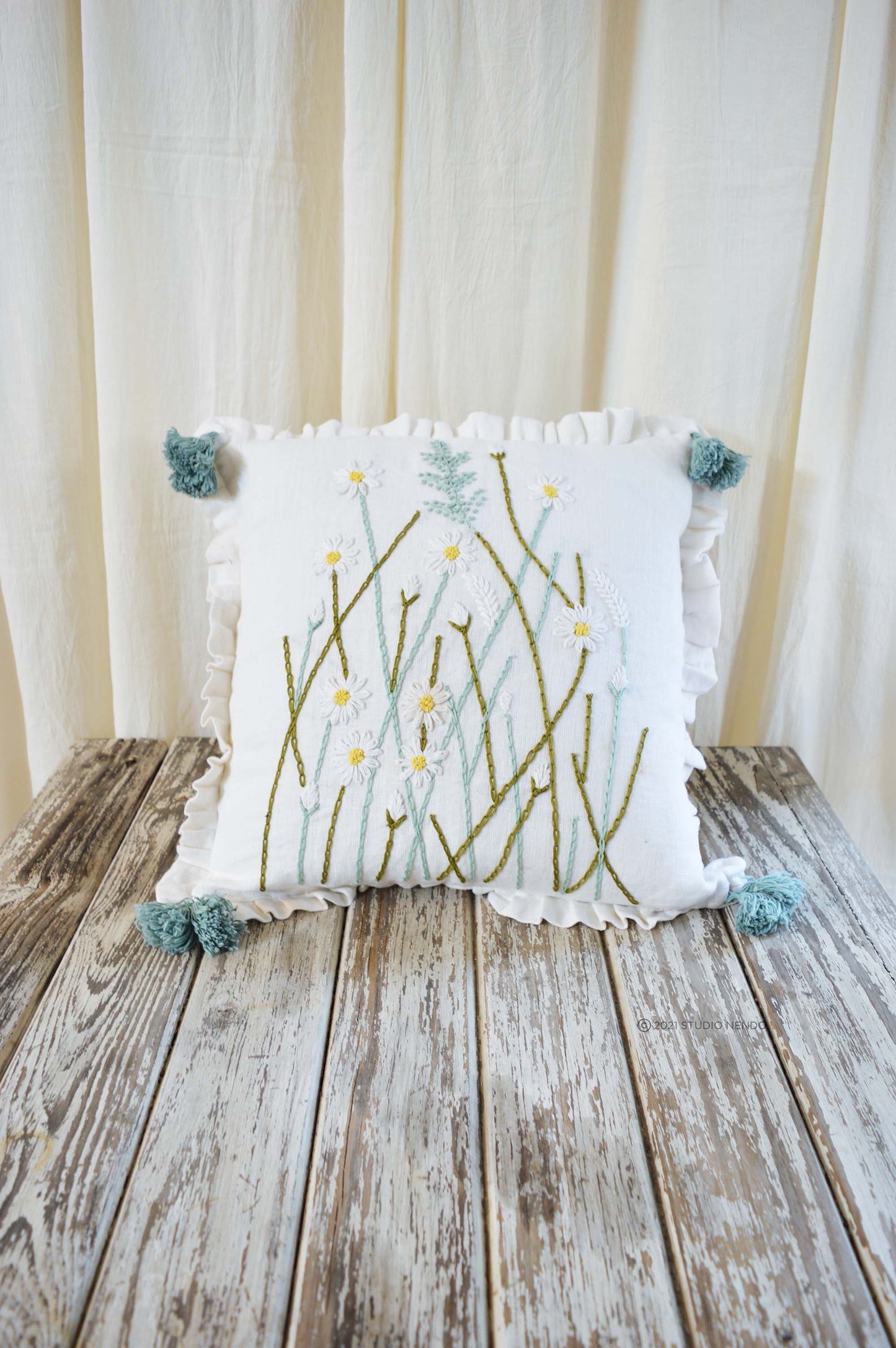 Hand Embroidered Linen Cushion Cover- Flowering Meadow Series- Daisy #3
