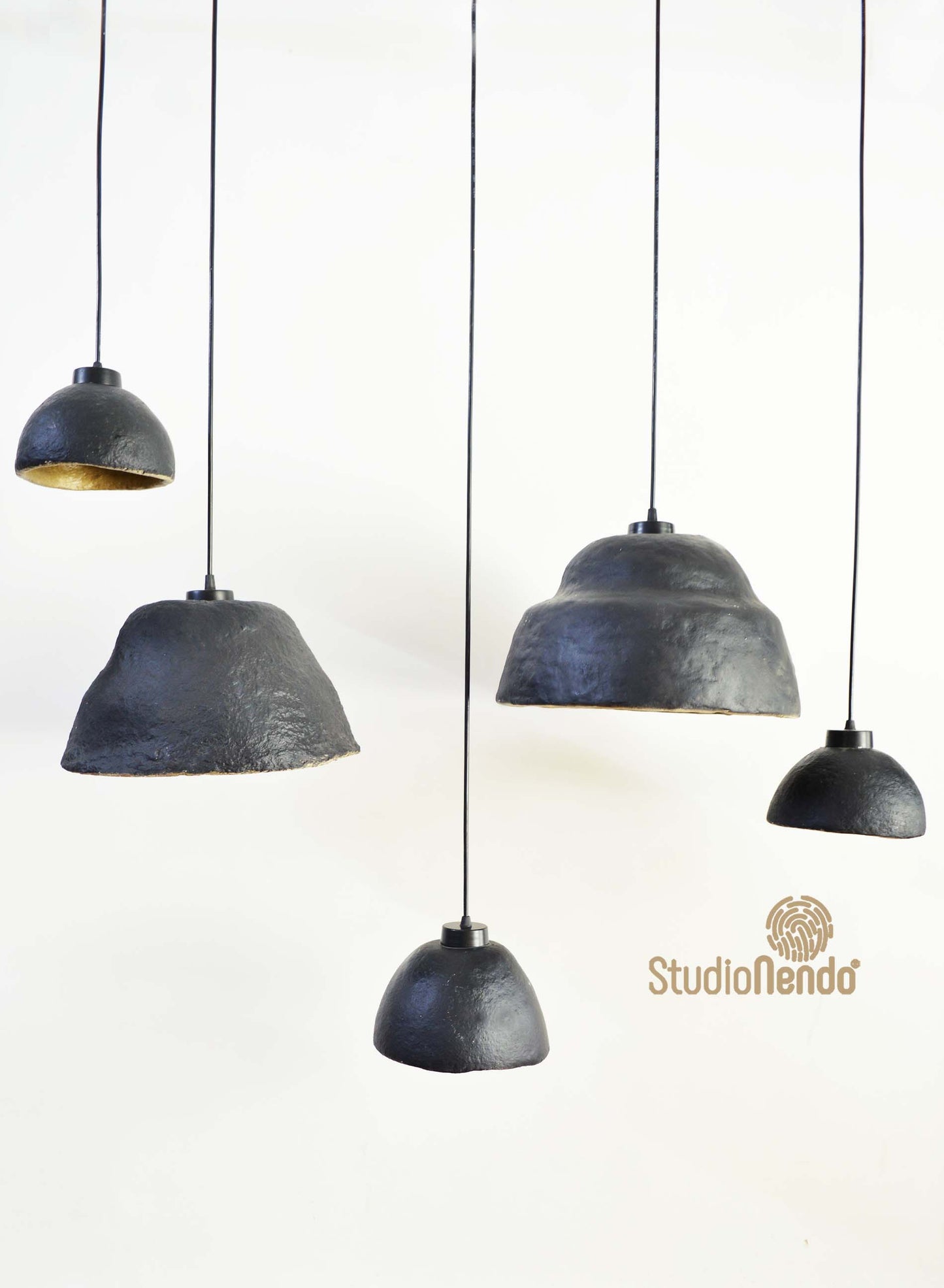 Faux Ceramic- Paper Mache Pendant Lamp- Charcoal & Gold