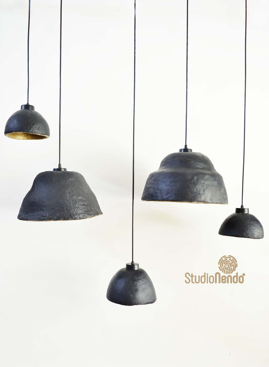 Faux Ceramic- Paper Mache Pendant Lamp- Charcoal & Gold
