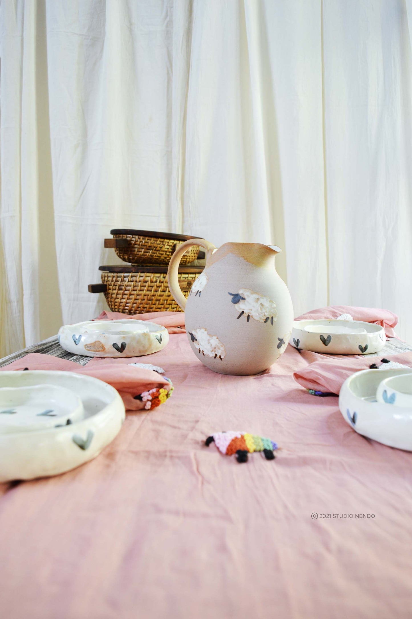 Hand Embroidered Table Runner & Napkin Set- Counting Sheep