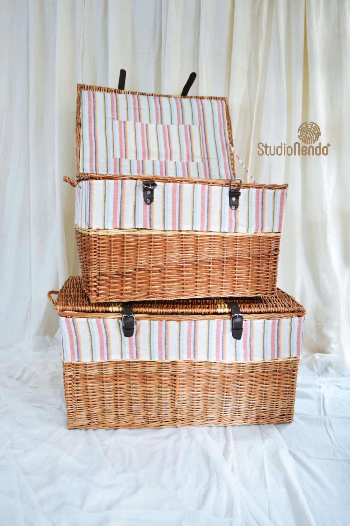 Natural Wicker Storage Trunk- Striped Pastel Linen