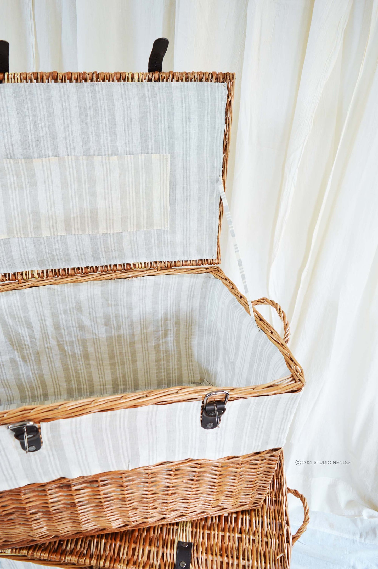 Natural Wicker Storage Trunk- Striped Linen