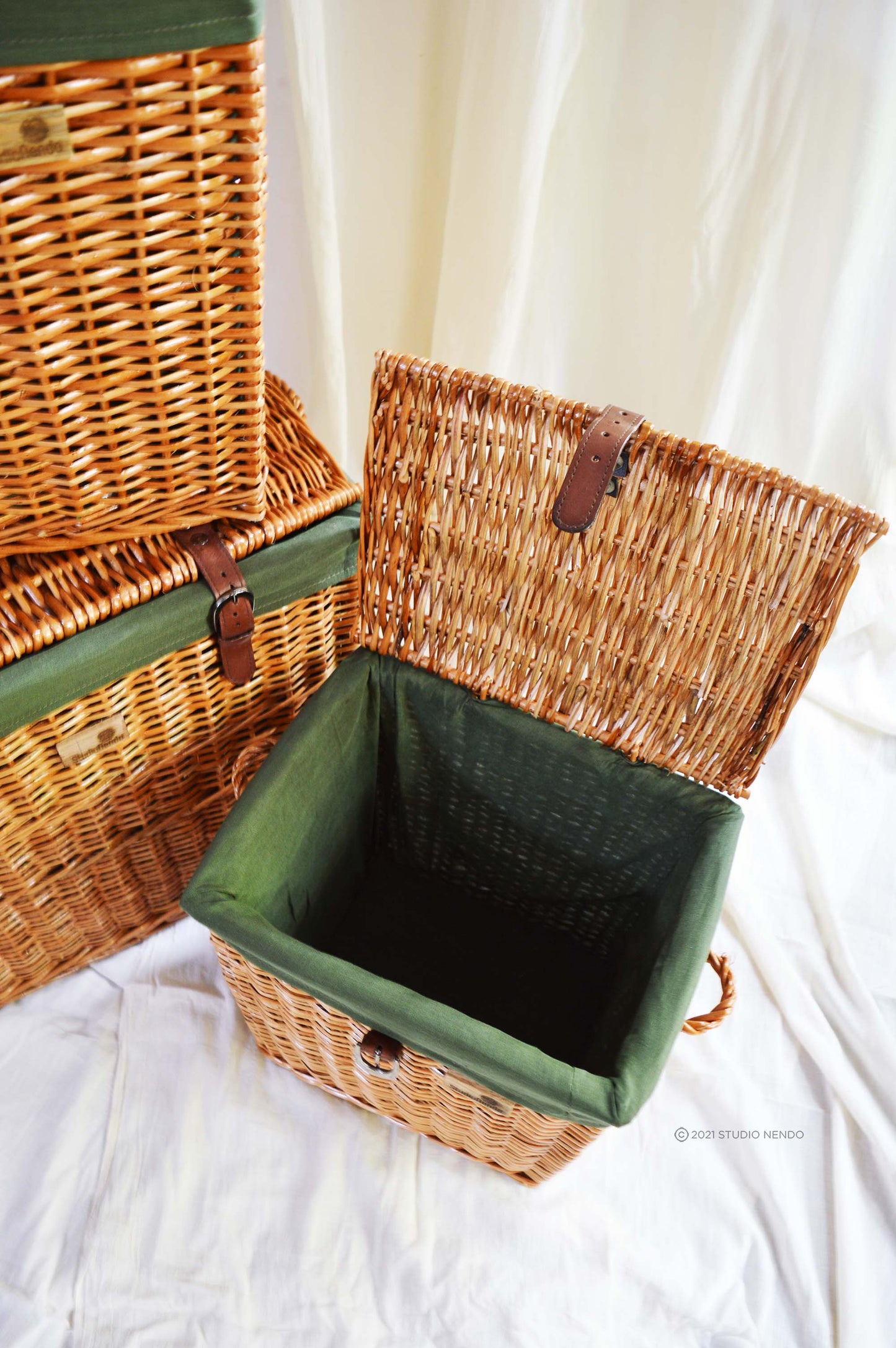 Natural Wicker Rectangular Laundry Basket- Forest Green