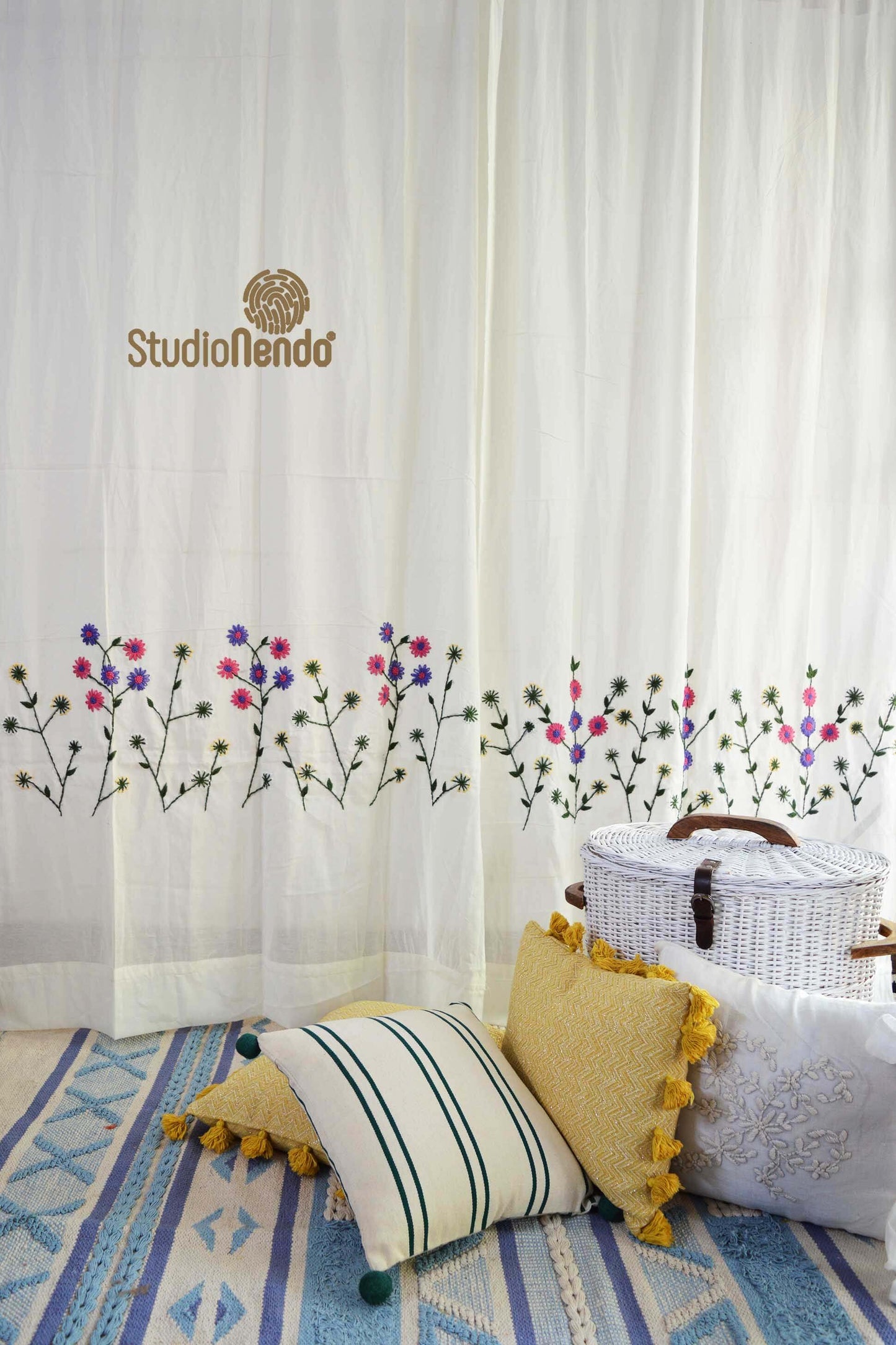 Hand Embroidered Mulmul Curtain- Flowering Meadow Series- Wildflowers