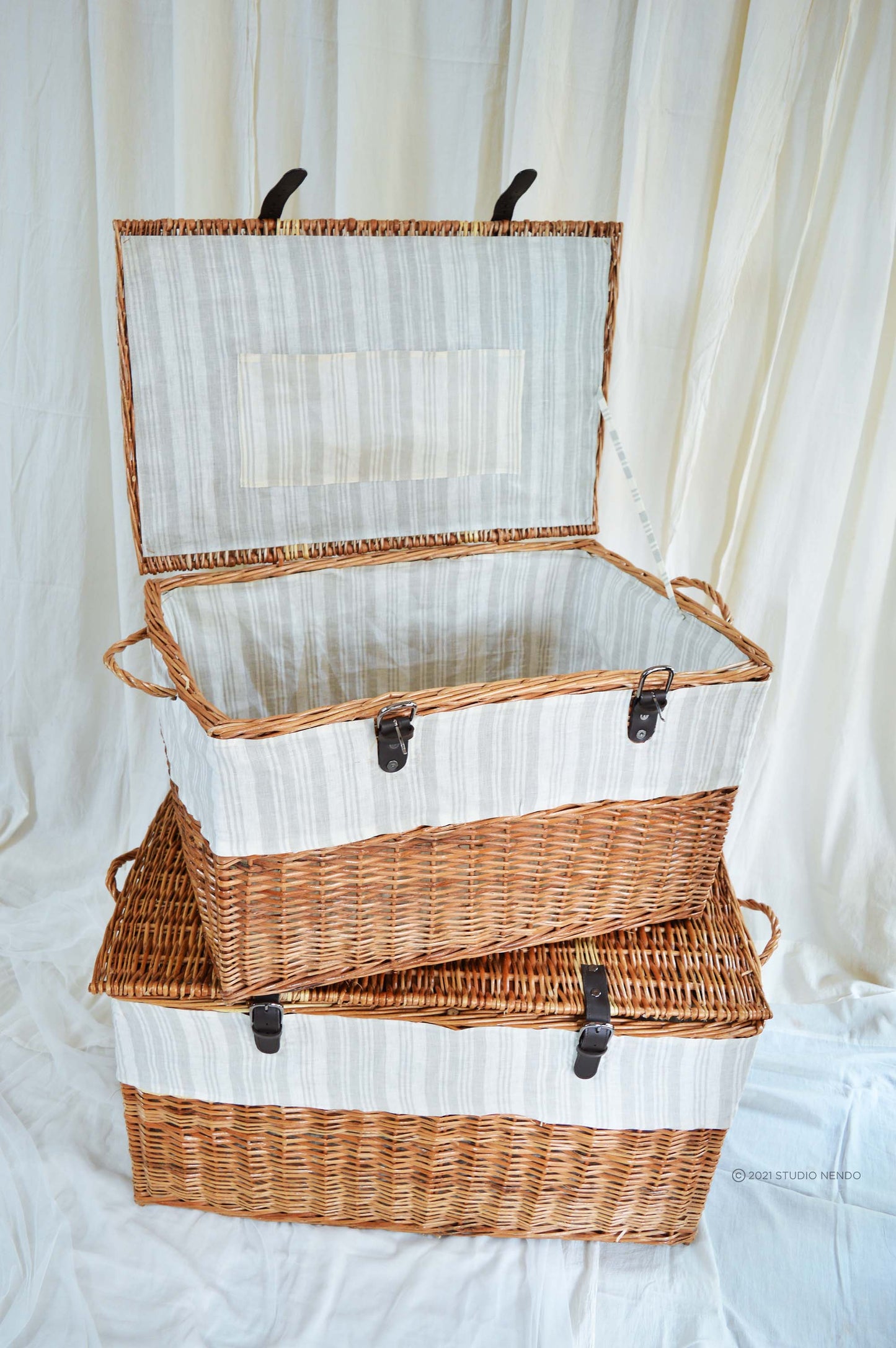 Natural Wicker Storage Trunk- Striped Linen