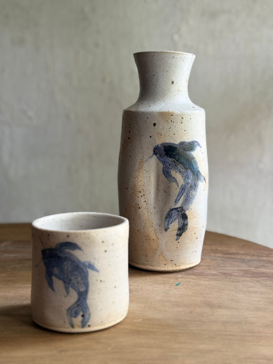 Wheel Thrown- Ceramic Carafe/Water Bottle with tumbler- Koi #2