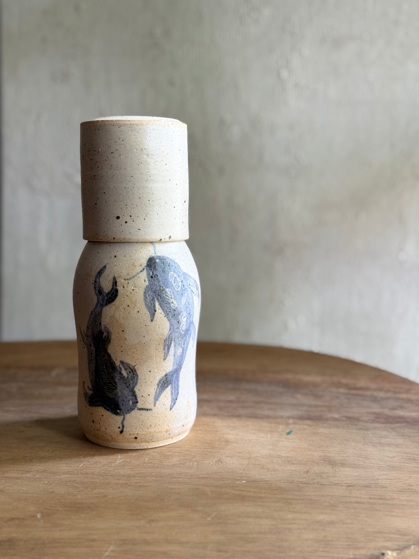Wheel Thrown- Ceramic Carafe/Water Bottle with tumbler- Koi #3