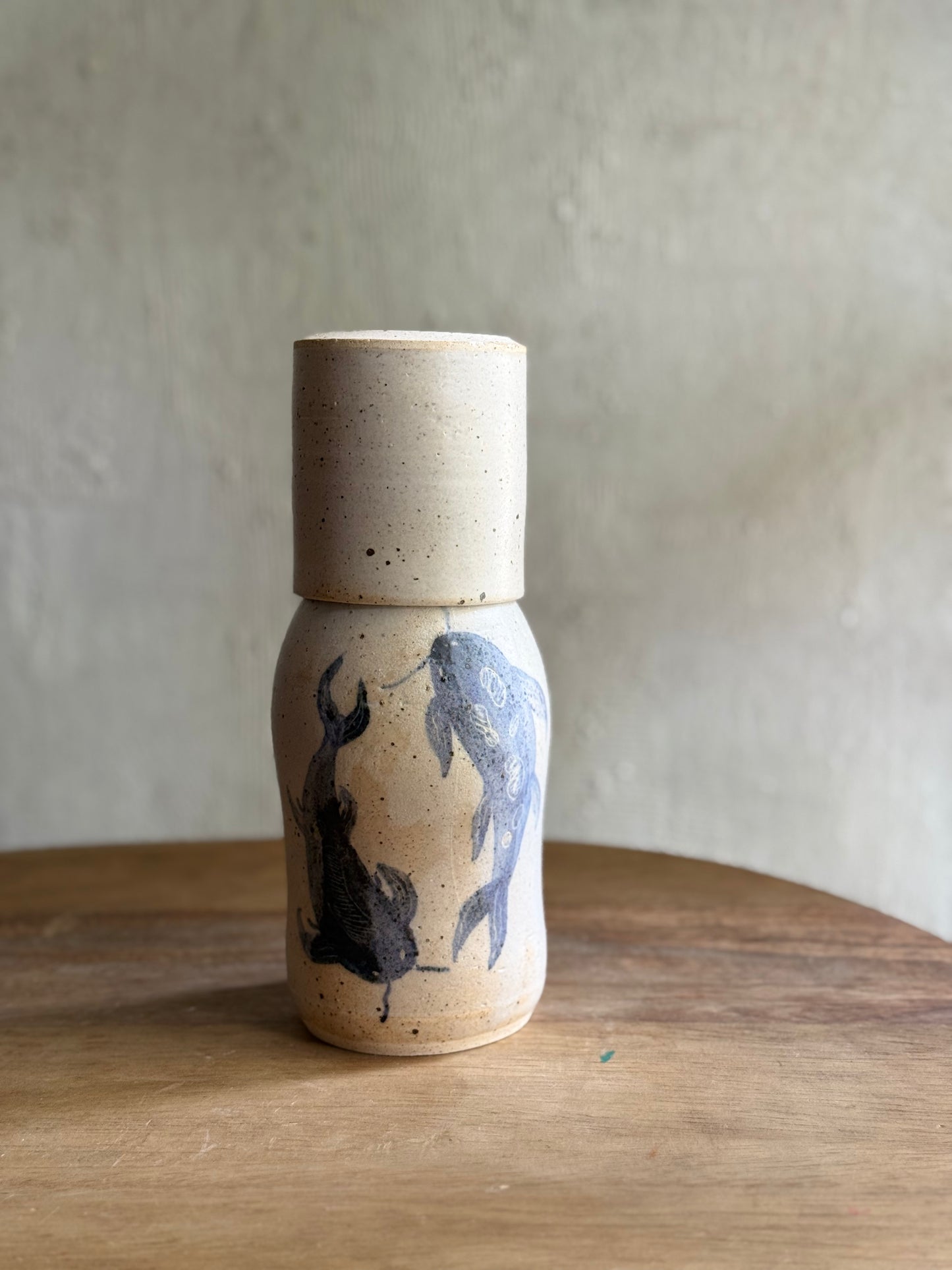 Wheel Thrown- Ceramic Carafe/Water Bottle with tumbler- Koi #3