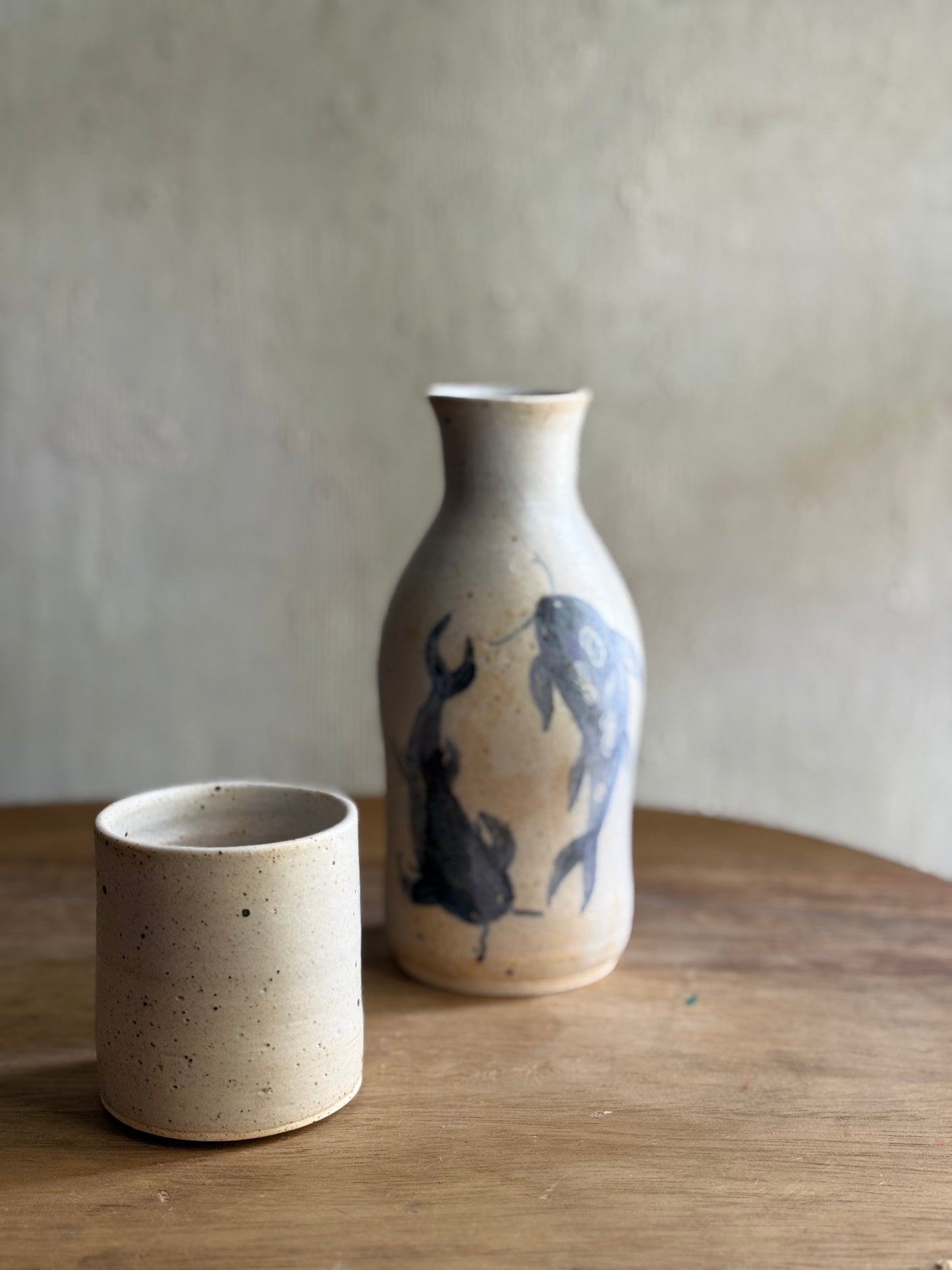 Wheel Thrown- Ceramic Carafe/Water Bottle with tumbler- Koi #3
