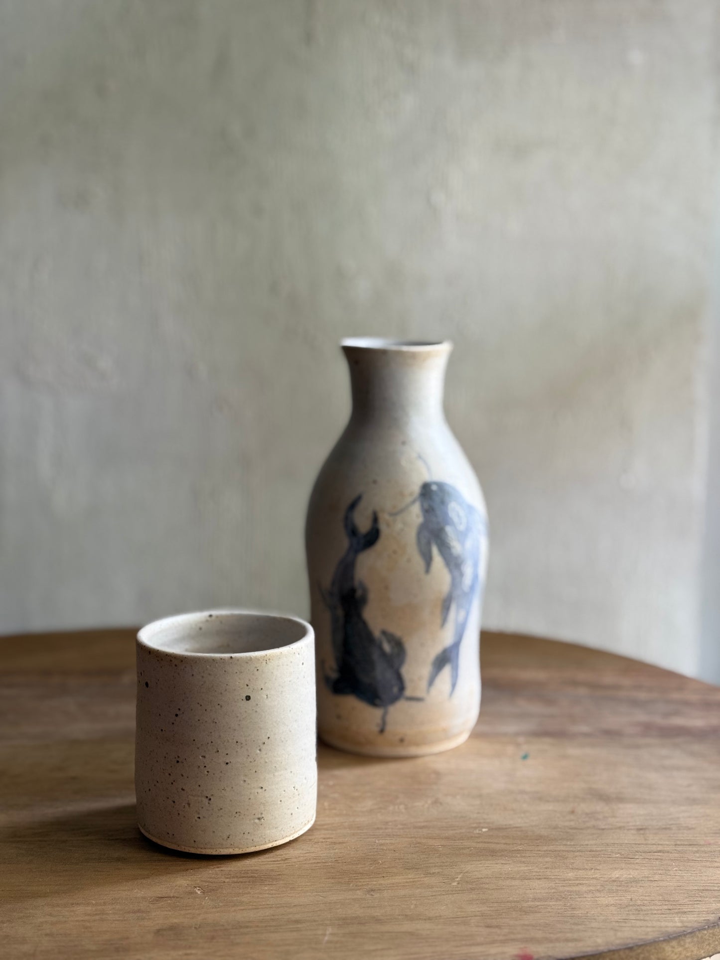 Wheel Thrown- Ceramic Carafe/Water Bottle with tumbler- Koi #3