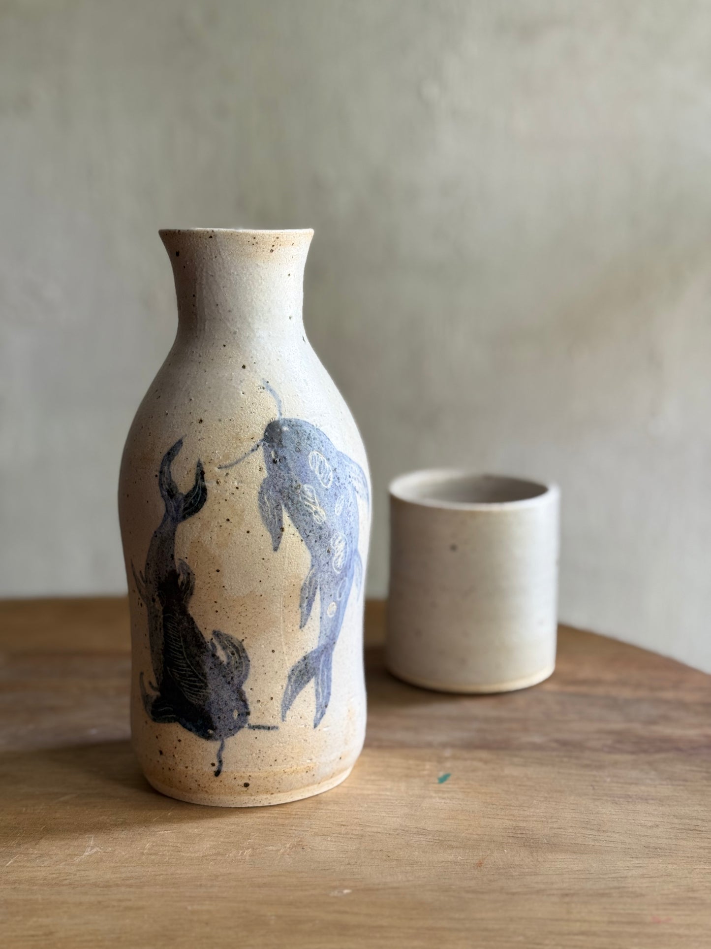 Wheel Thrown- Ceramic Carafe/Water Bottle with tumbler- Koi #3
