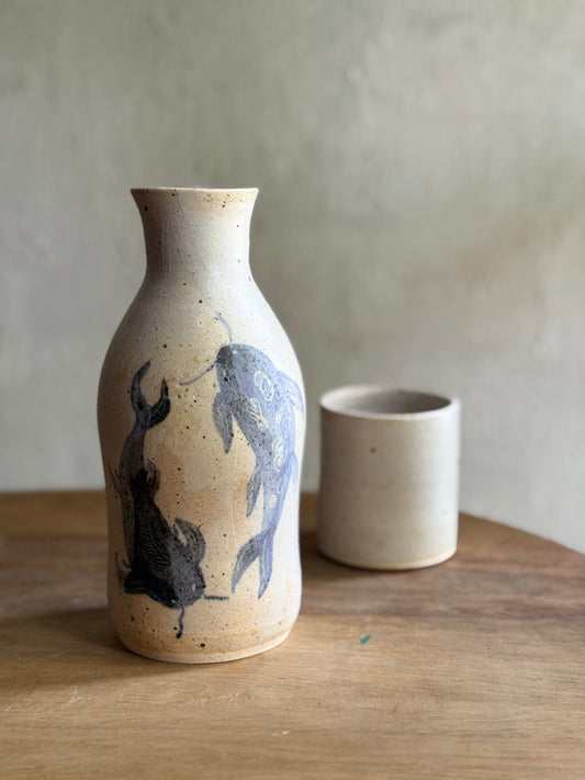 Wheel Thrown- Ceramic Carafe/Water Bottle with tumbler- Koi #3