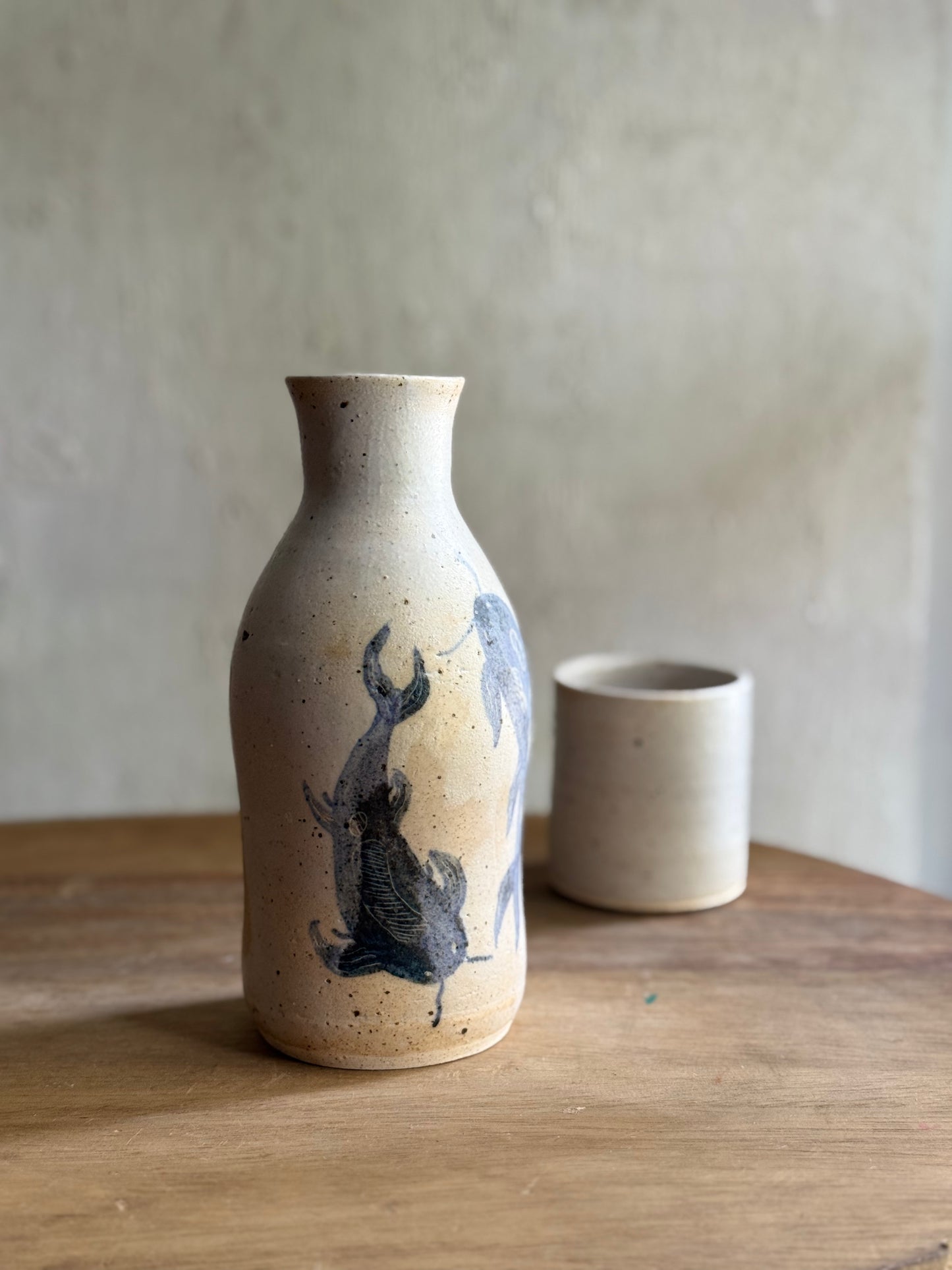 Wheel Thrown- Ceramic Carafe/Water Bottle with tumbler- Koi #3